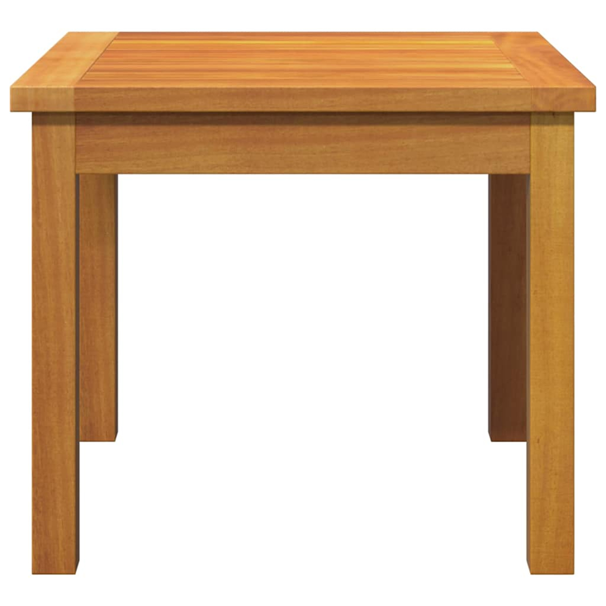 Una mesa cuadrada de madera con cuatro patas. La mesa es marrón con acabado de veta de madera clara. Está centrada sobre un fondo blanco.