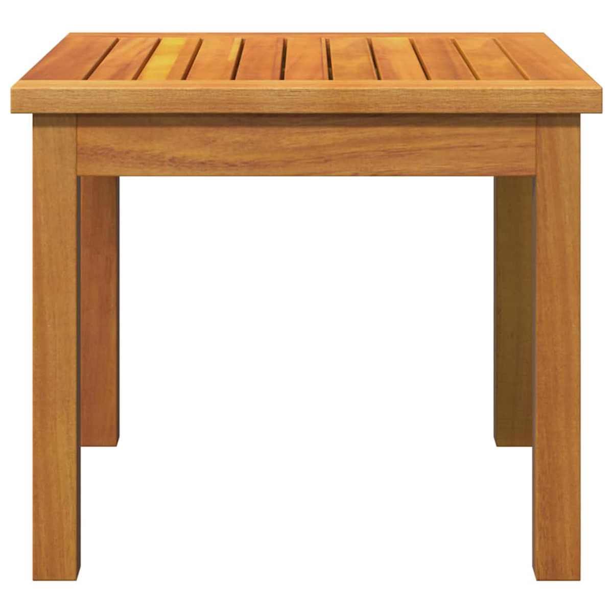 Una mesa cuadrada de madera con tapa de listones y cuatro patas. La mesa es marrón. El fondo es blanco.