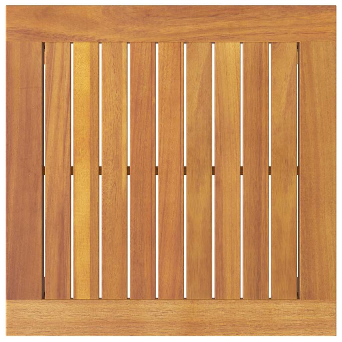 Vista superior de una mesa de madera. Cuenta con listones verticales de madera rodeados por un marco. La madera tiene un tono cálido y natural.