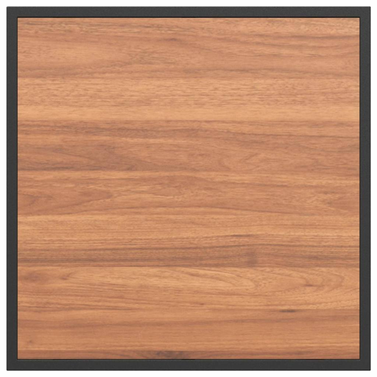 Holzpaneel mit dunkelgrauem Rahmen. Das Holz hat sichtbare Maserung und eine hellbraune Farbe.