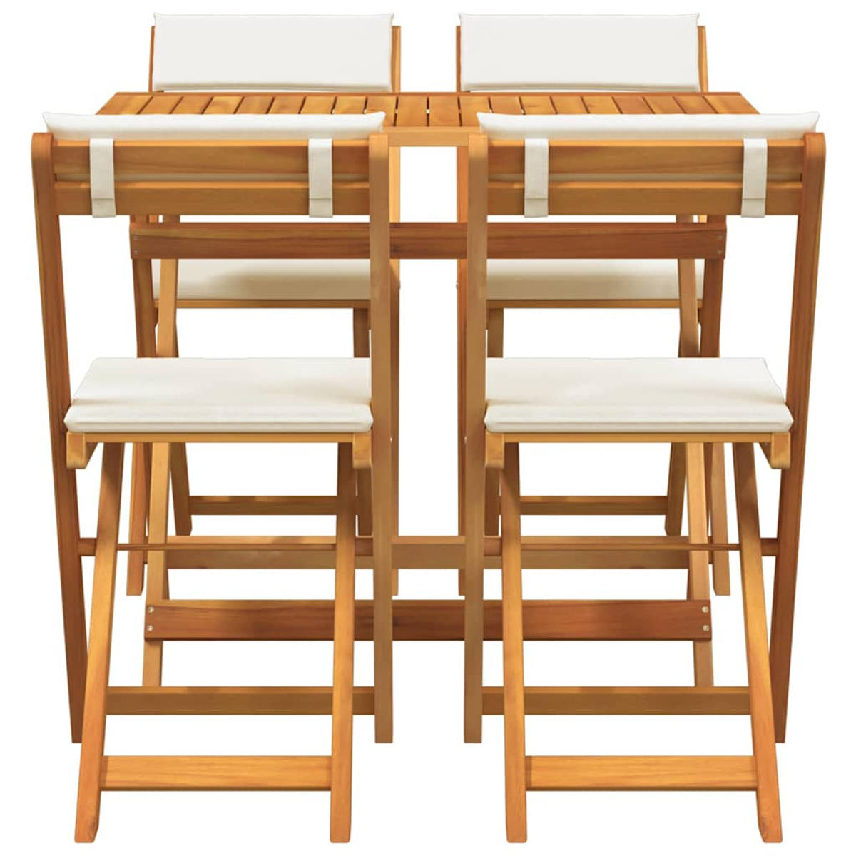Holztisch und Stühle. Tisch und Stühle sind braun, Kissen sind weiß. Die Stühle sind faltbar.