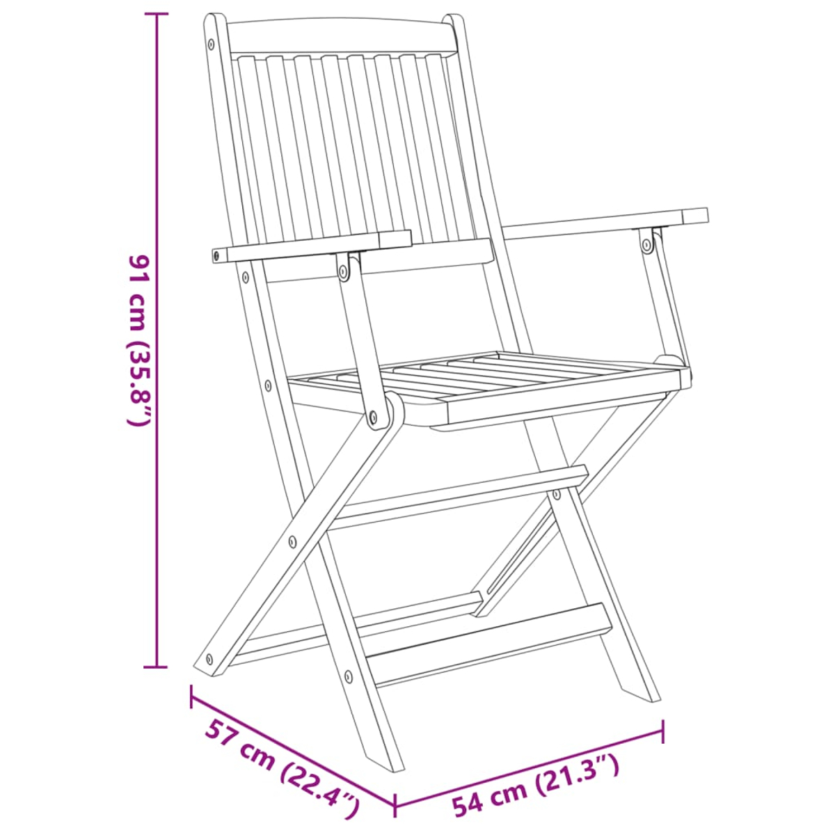 Strichzeichnung eines klappbaren Holzstuhls mit Maßangaben. Der Stuhl ist geöffnet und zeigt Sitz, Rückenlehne und Armlehnen.