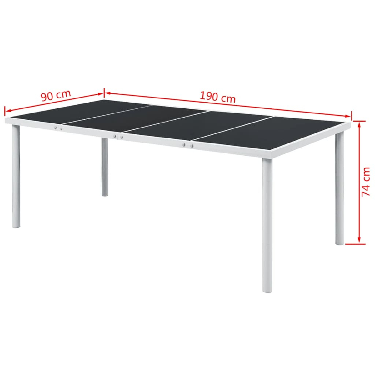 Una mesa rectangular con tapa negra y patas blancas. Dimensiones: 190 cm de largo, 90 cm de ancho y 74 cm de alto. Aislada sobre fondo blanco.
