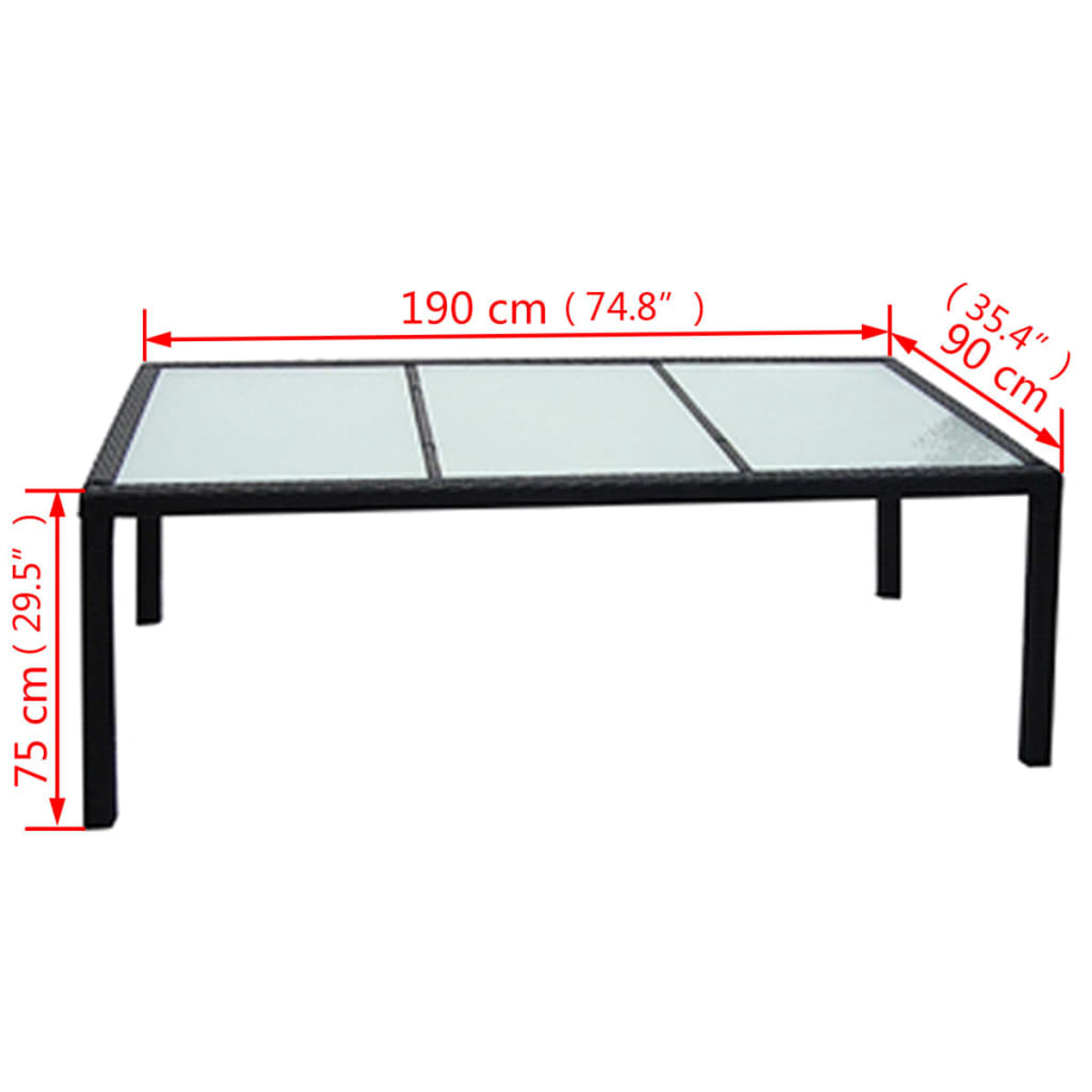 Ein rechteckiger Gartentisch mit Glasplatte und schwarzem Rahmen. Abmessungen: 190 cm lang, 90 cm breit und 75 cm hoch.