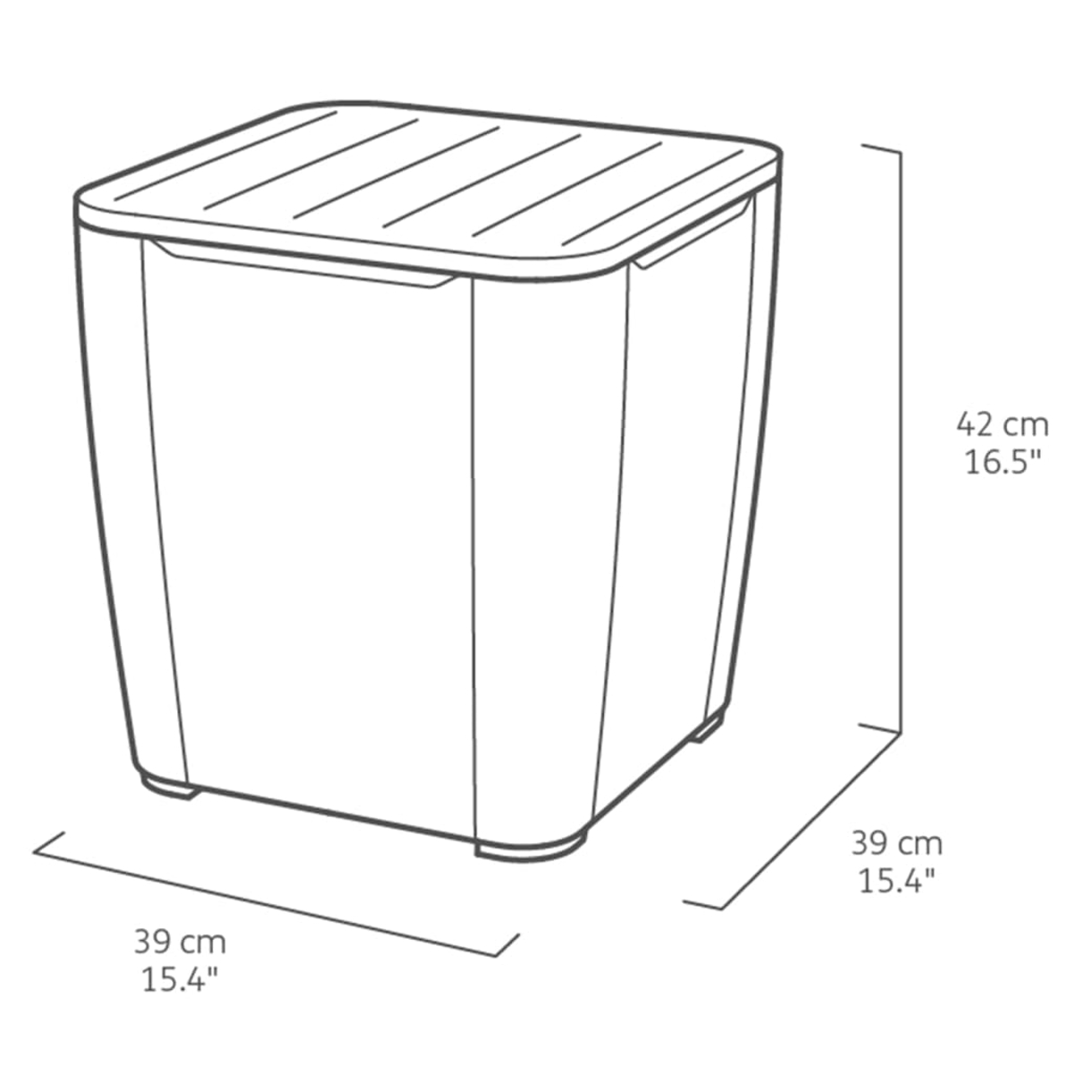 Disegno a tratto di un contenitore quadrato con dimensioni. 39 cm x 39 cm x 42 cm. Il coperchio ha linee parallele.