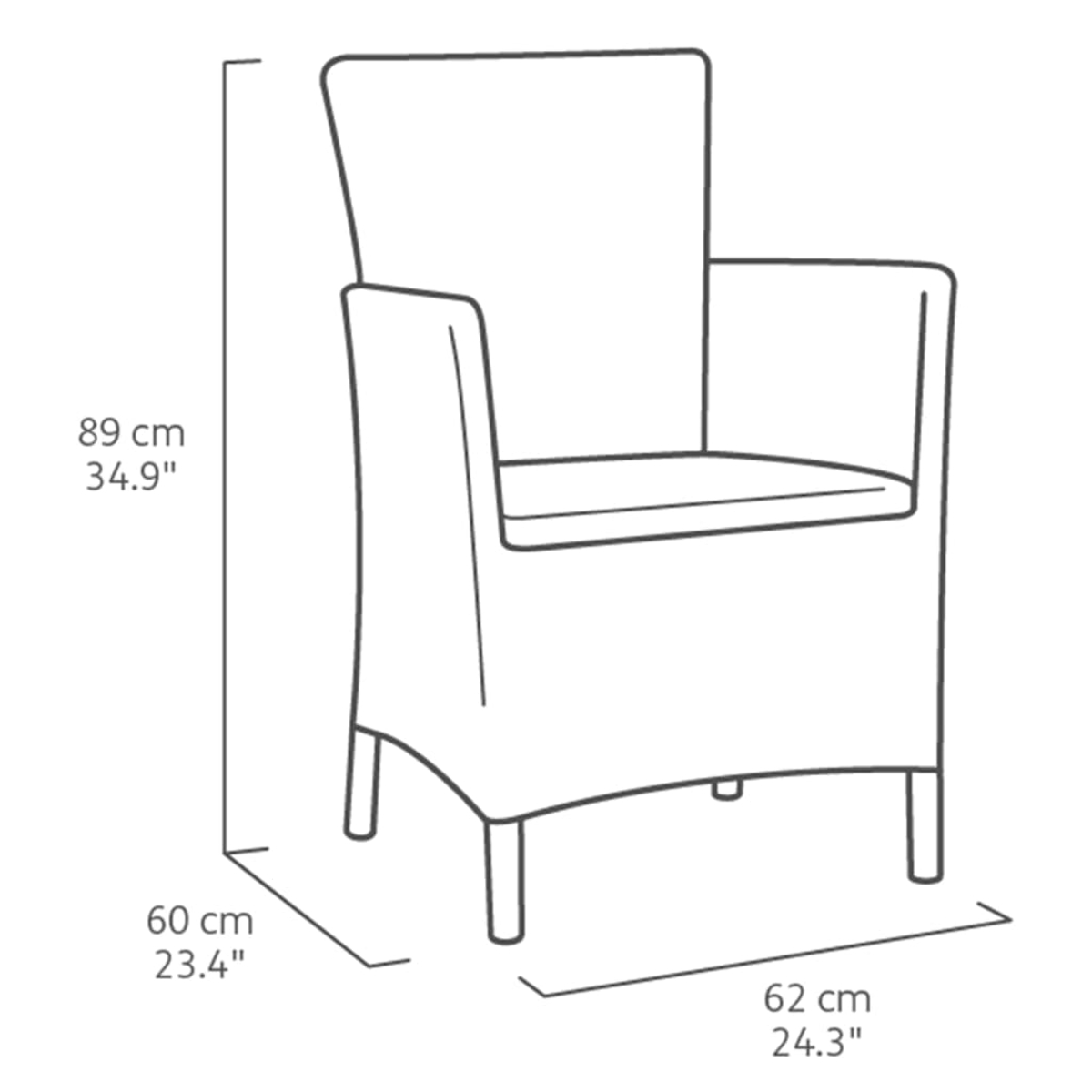 Disegno a tratto di una sedia con dimensioni: 89 cm di altezza, 60 cm di larghezza e 62 cm di profondità. Ha braccioli, sedile e quattro gambe.