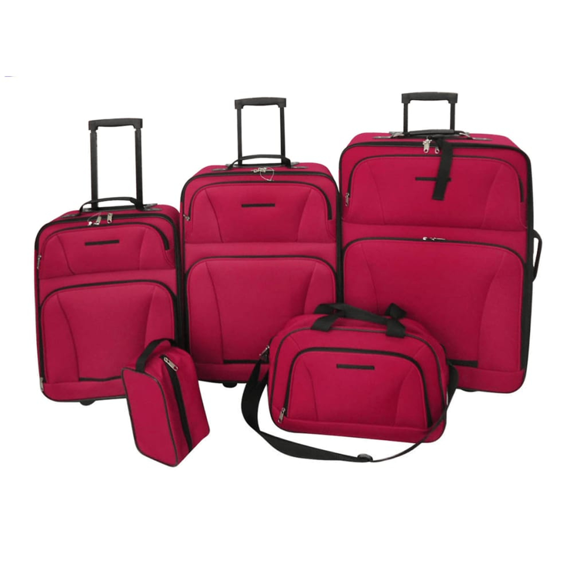 Ein Satz von fünf roten Reisetaschen in verschiedenen Größen, darunter zwei Rollkoffer und eine kleine Tasche mit Schulterriemen.