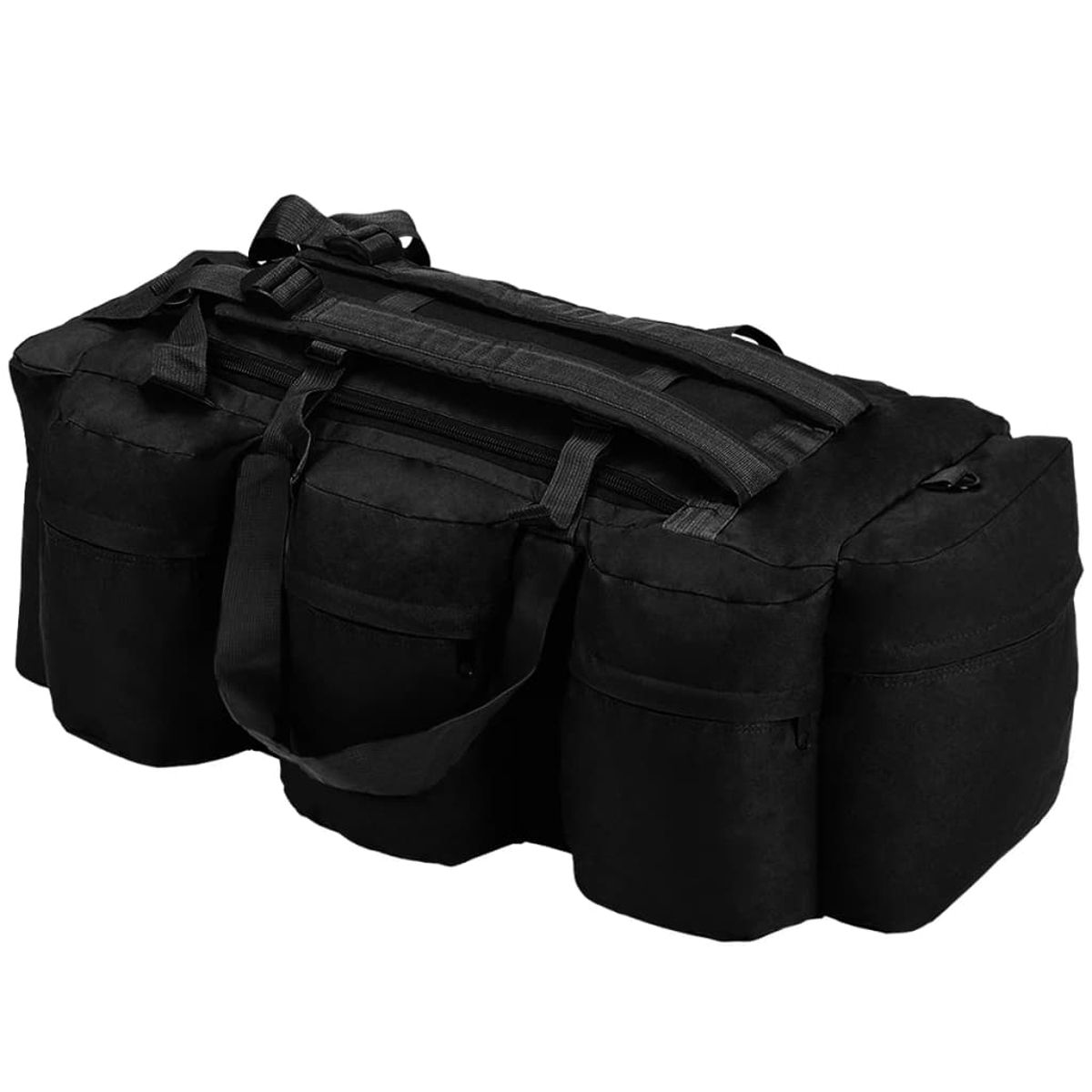Schwarze Reisetasche mit mehreren Taschen und Riemen. Sie hat ein großes Hauptfach und kleinere Seitentaschen. Die Tasche ist auf weißem Hintergrund.
