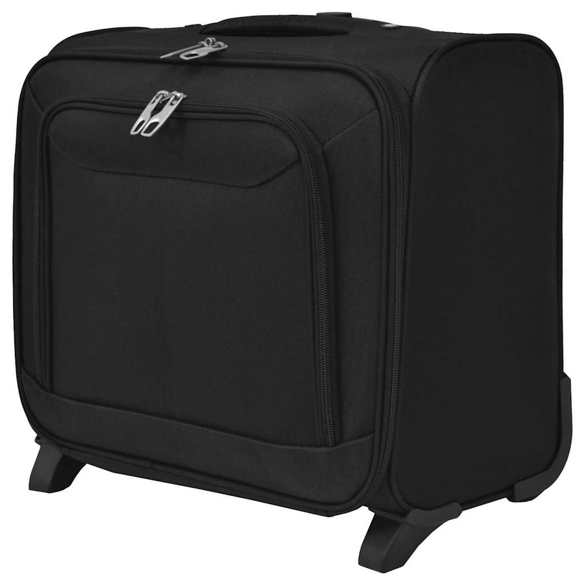 Ein schwarzer Rollkoffer mit Griff oben und einer Vordertasche, Reißverschlüssen und zwei Rädern.