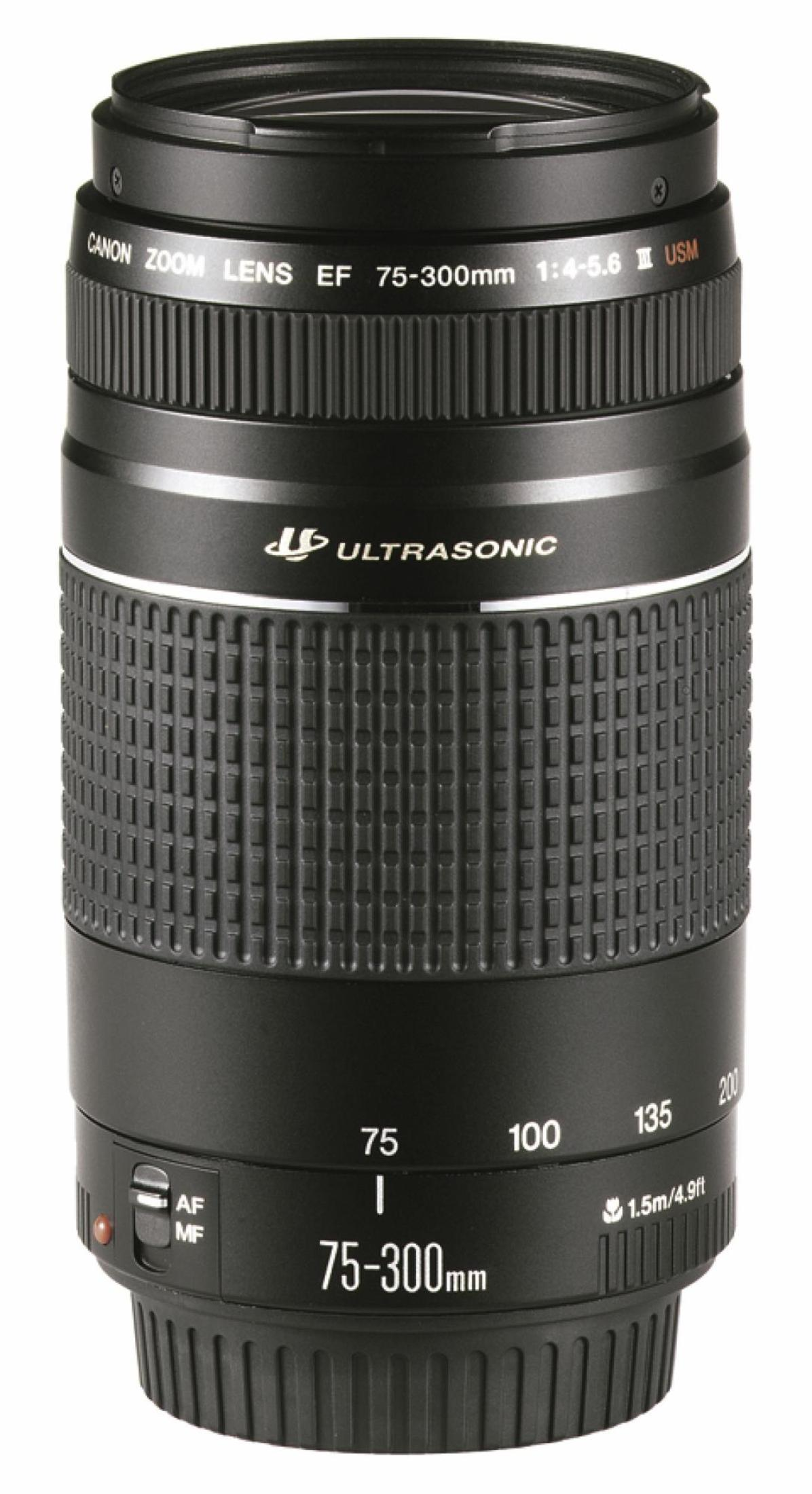 Ein schwarzes Canon-Zoomobjektiv mit Text, Zahlen und Markierungen. Es hat einen gerippten Griff und Brennweiten von 75-300 mm.
