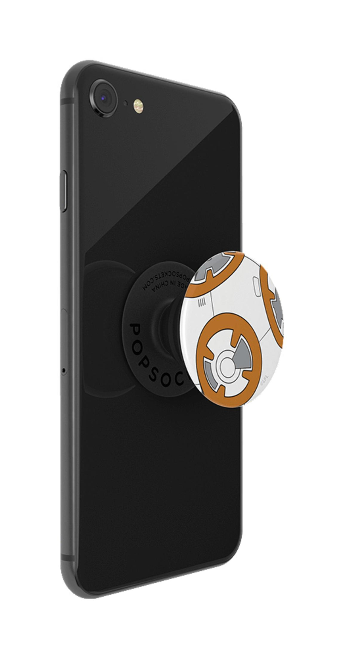 Schwarzes Smartphone mit einem BB-8 PopSocket. Das PopSocket ist weiß, orange und grau. Das Telefon ist nach rechts abgewinkelt.