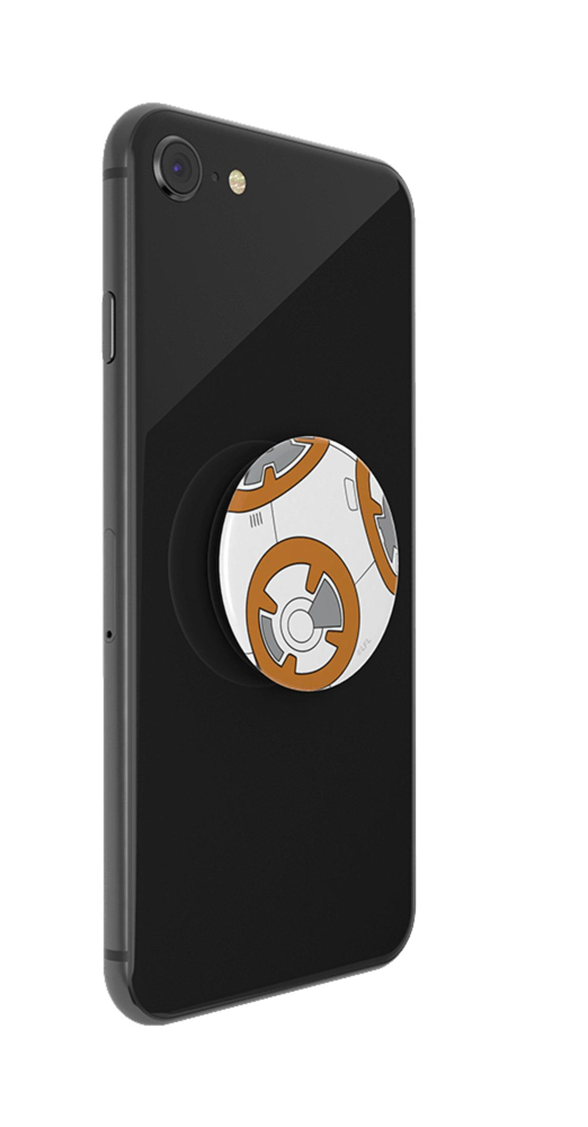 Schwarzes Telefon mit einem BB-8 PopSocket. BB-8 ist weiß, orange und grau. Das Telefon ist nach rechts abgewinkelt.