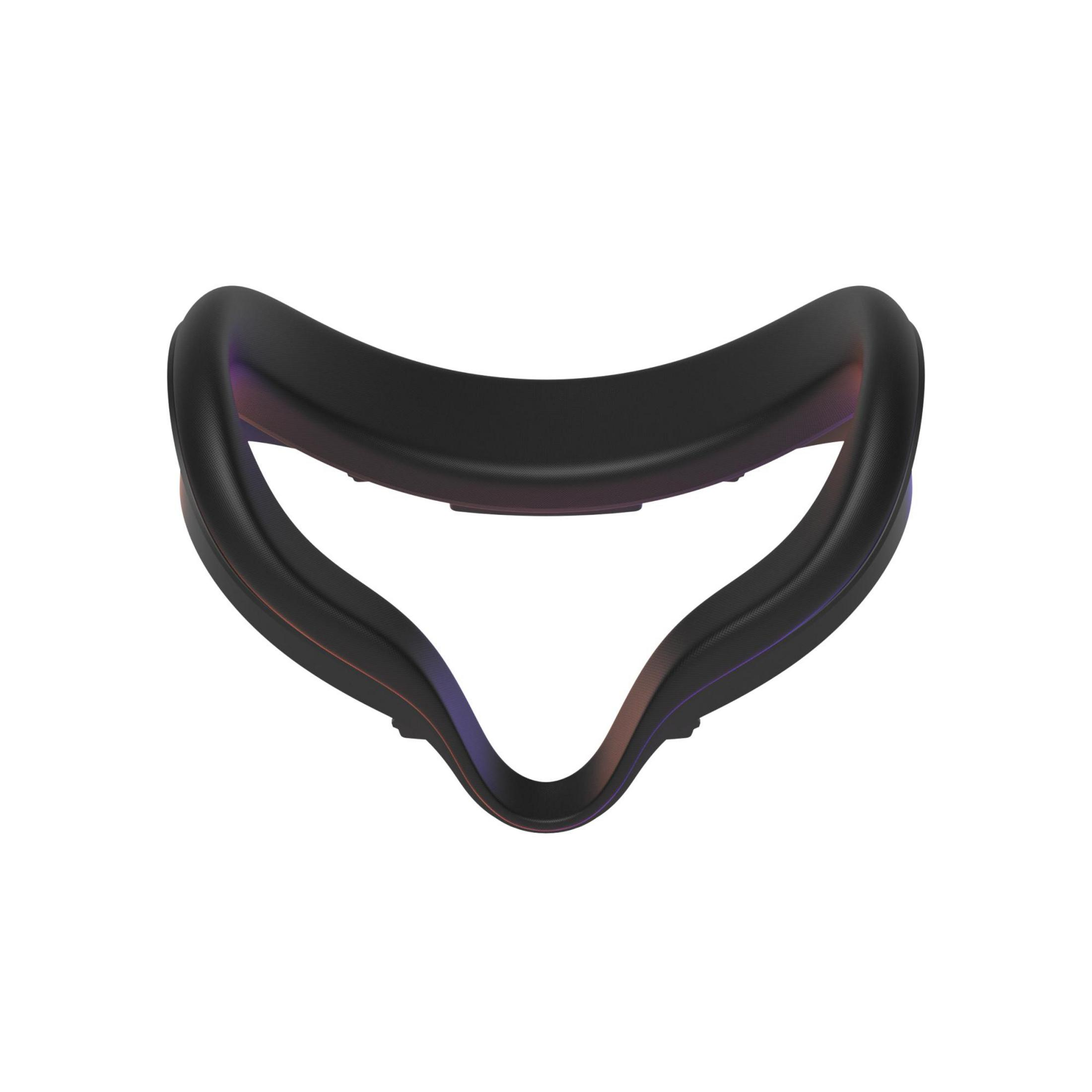 Interfaz facial negra de auriculares VR, en forma de triángulo curvo. Sobre un fondo blanco.