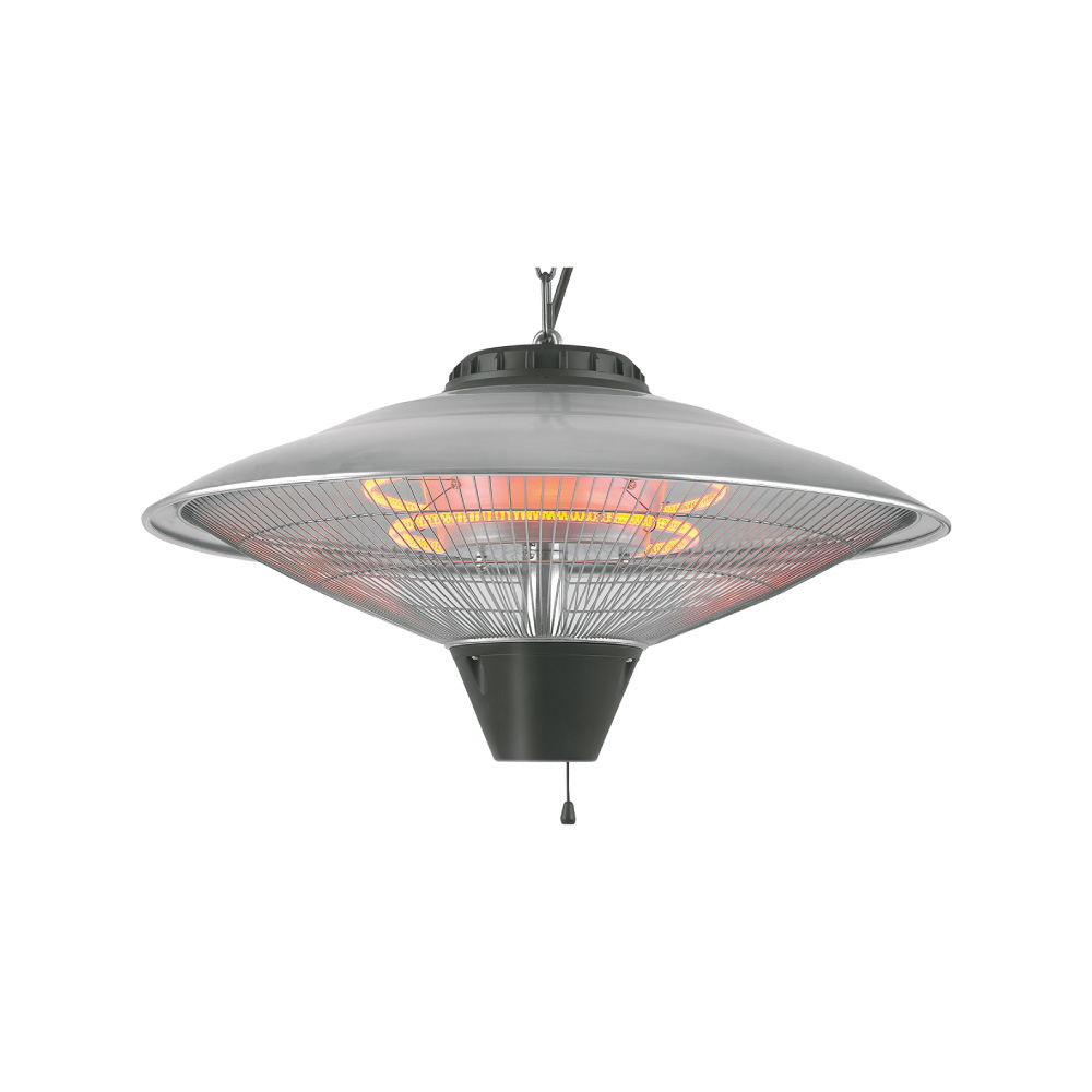 Un riscaldatore a infrarossi montato a soffitto. Ha una parte superiore argentata a forma di piattino, una protezione in rete metallica e una base nera.