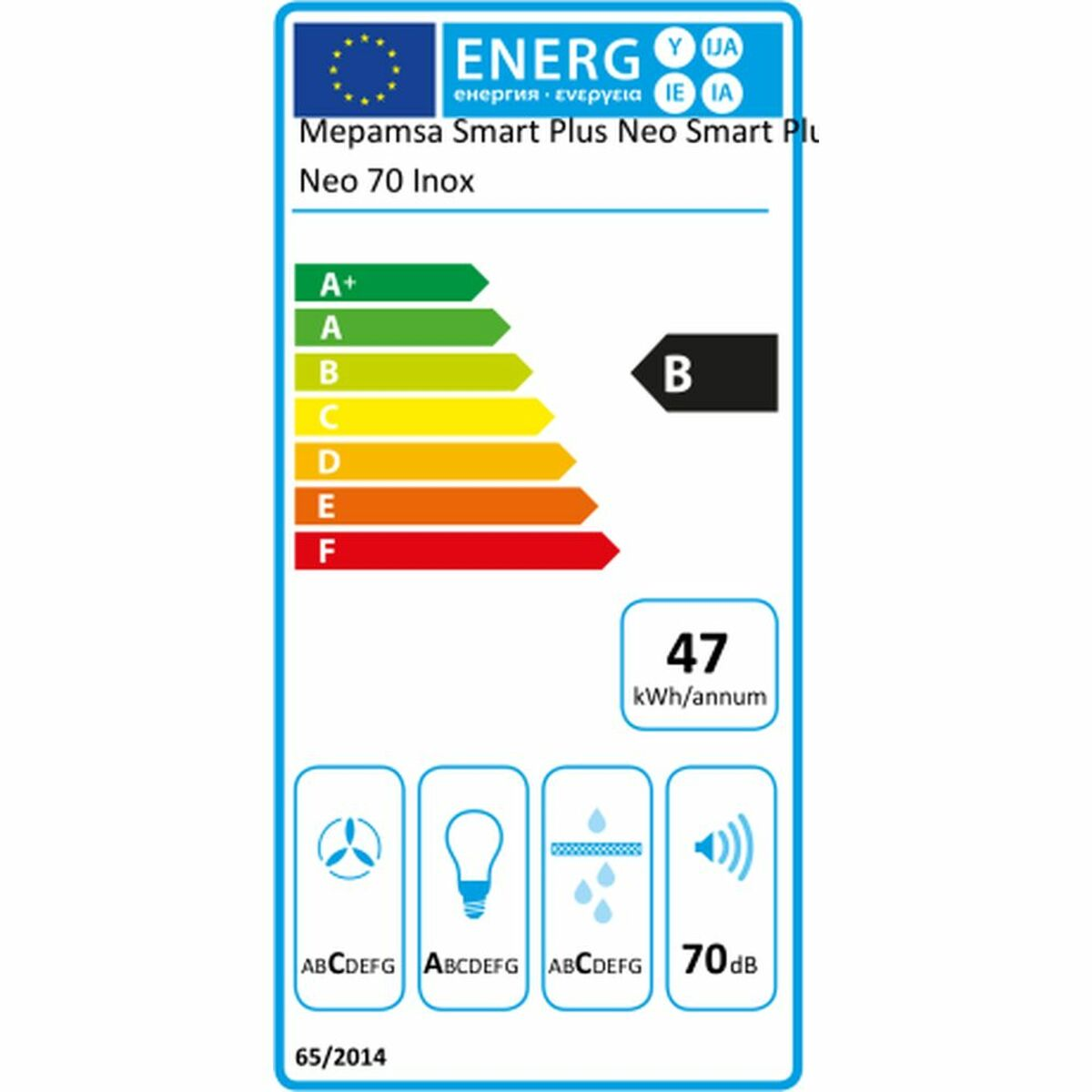 Etiqueta energética. Muestra la eficiencia energética de Mepamsa Smart Plus Neo. Incluye clasificaciones, kWh y nivel de ruido de 70 dB.