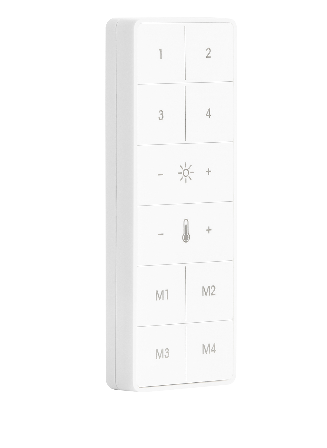 Weiße Fernbedienung mit Tasten 1-4, -, Sonnensymbol, +, -, Thermometersymbol, +, M1-M4. Graue Tasten auf weißem Hintergrund.