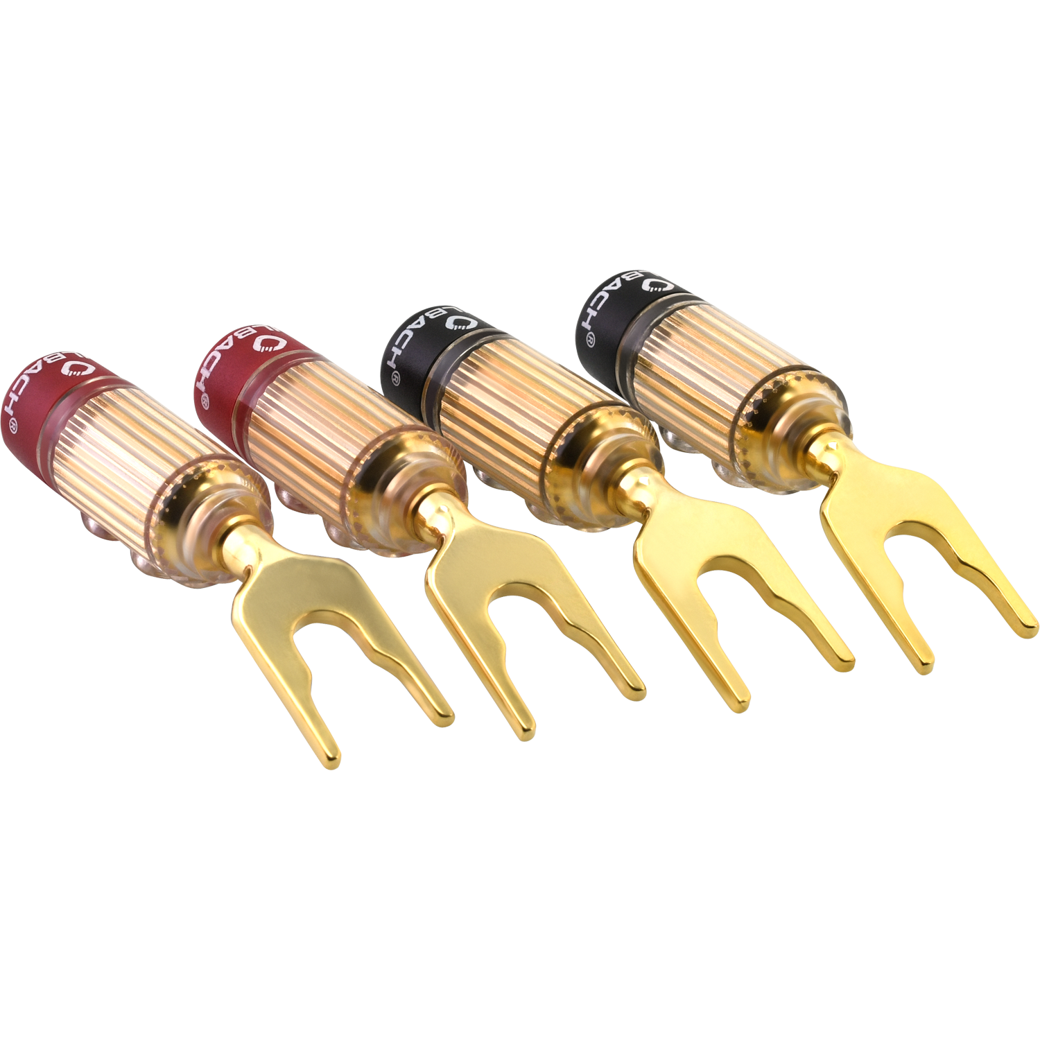 Vier goldfarbene Lautsprecheranschlüsse. Jeder hat ein gabelförmiges Ende. Die Stecker sind diagonal angeordnet.