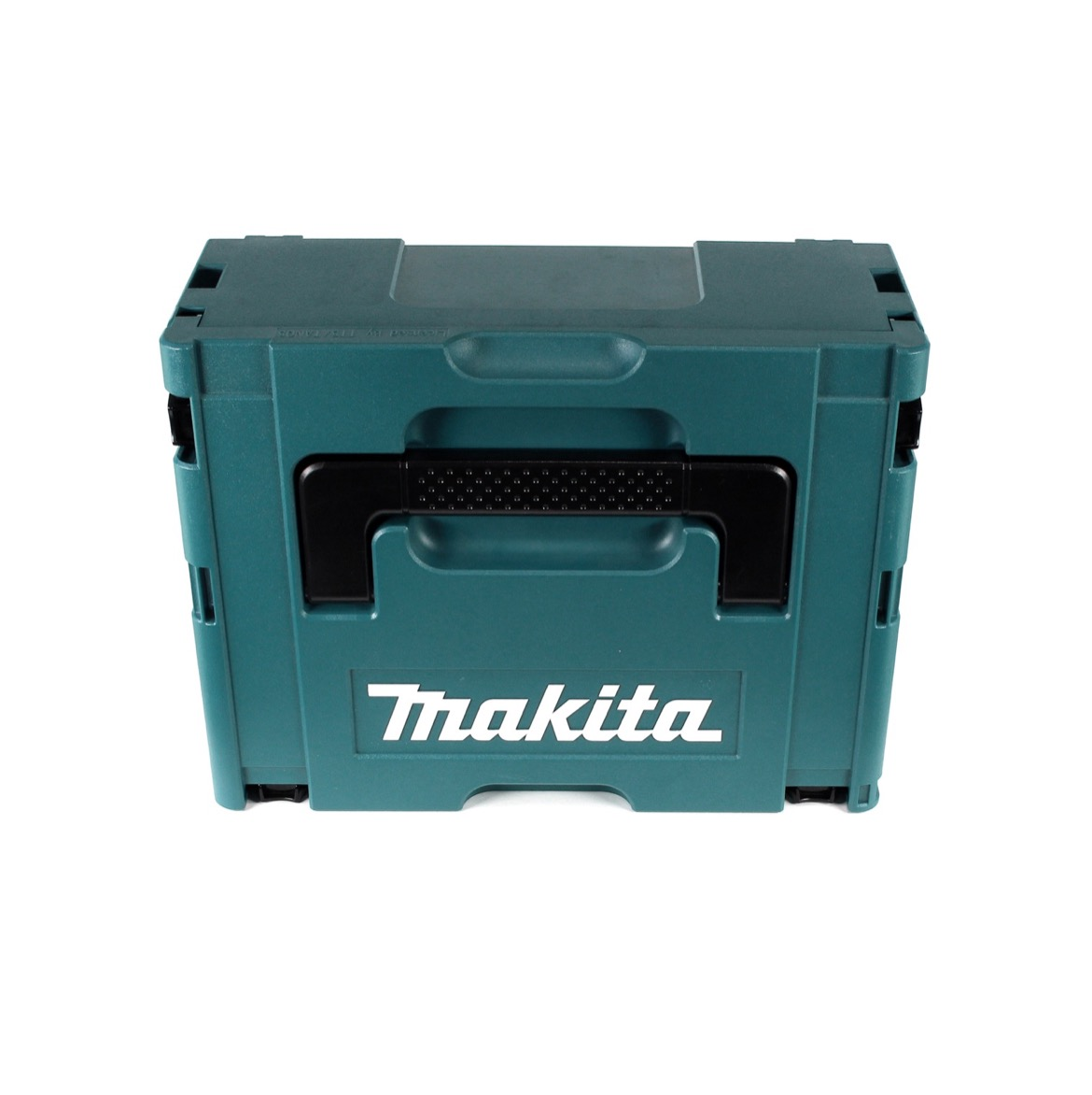 Eine teal Makita Werkzeugkiste, Vorderansicht, schwarzer Griff, weißes Logo auf der Vorderseite. Isoliert auf weißem Hintergrund.