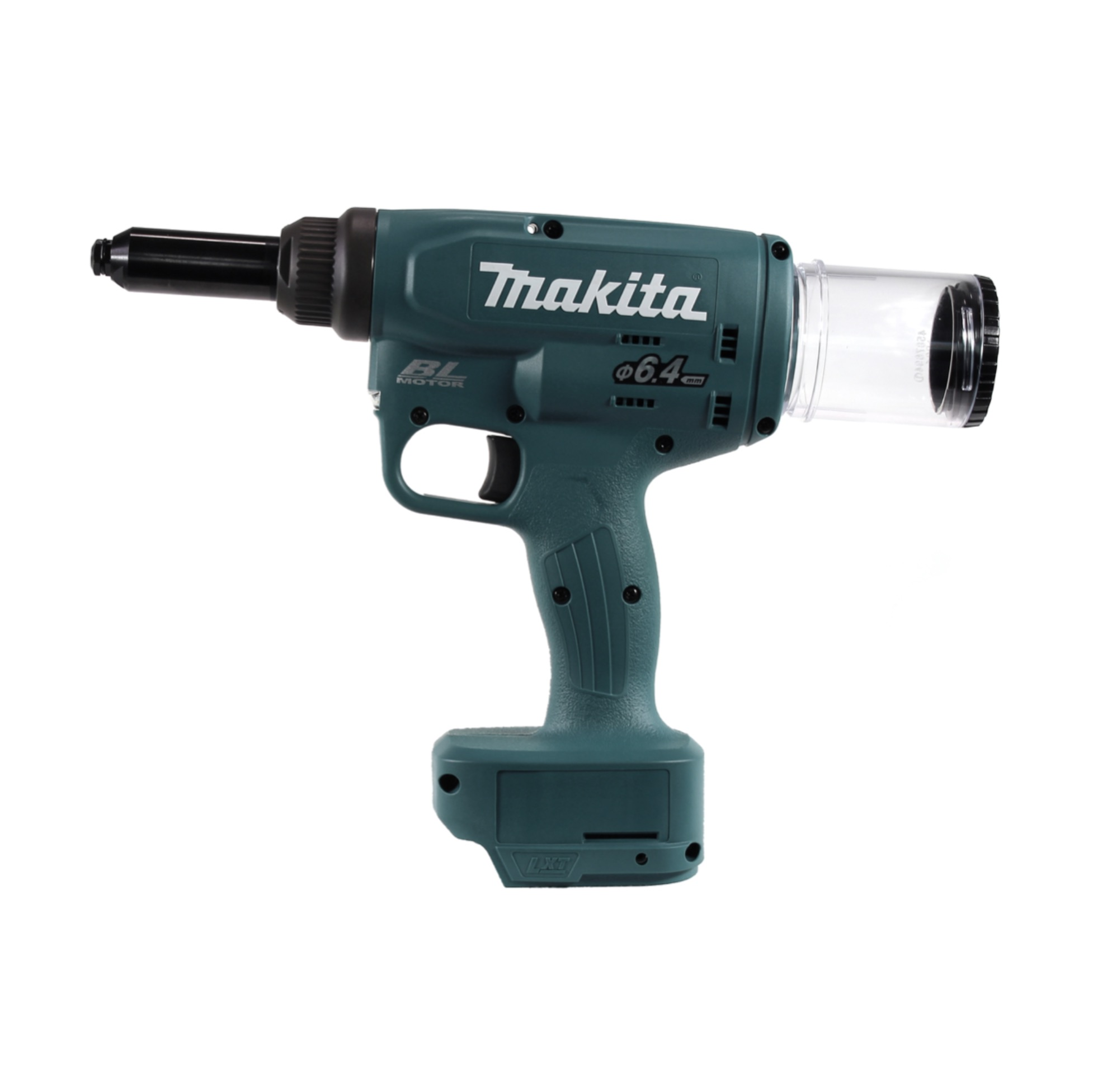 Un rivettatore Makita verde acqua su sfondo bianco. Lo strumento ha un ugello nero, un'impugnatura e un contenitore di plastica trasparente.