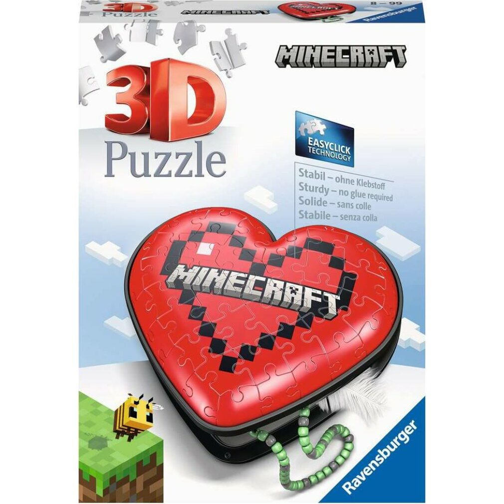 Un puzzle 3D di Minecraft a forma di cuore. Un'ape gialla e una vite verde sono visibili in basso a sinistra e a destra.