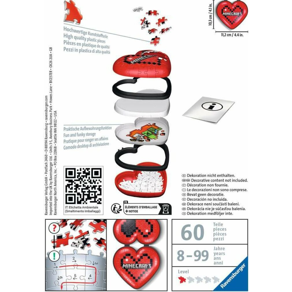 Una scatola di puzzle a forma di cuore di Minecraft, con pezzi e testo. Include informazioni sulle dimensioni, età e logo.