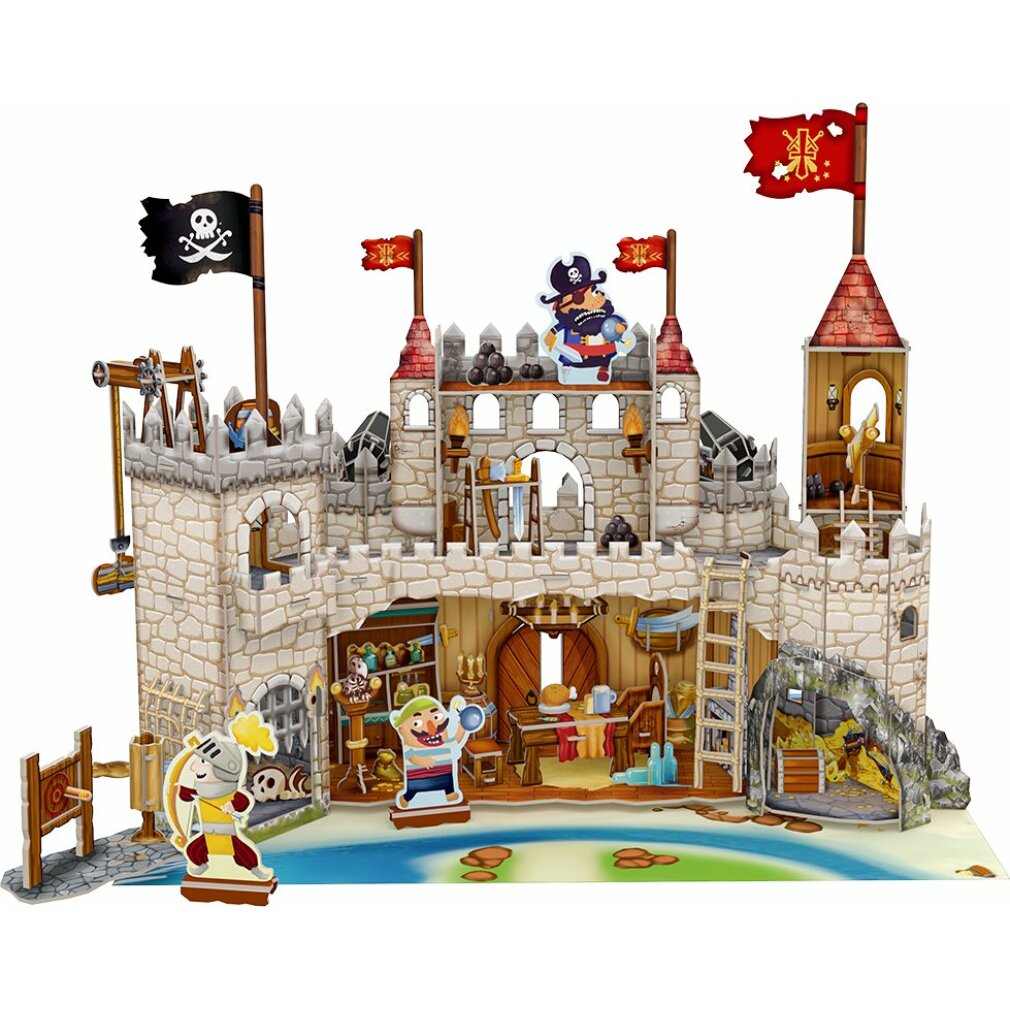 Ein Spielzeugschloss mit Flaggen, Piraten und einem Ritter. Das Schloss hat mehrere Ebenen mit Kanonen und Schatzkammer.