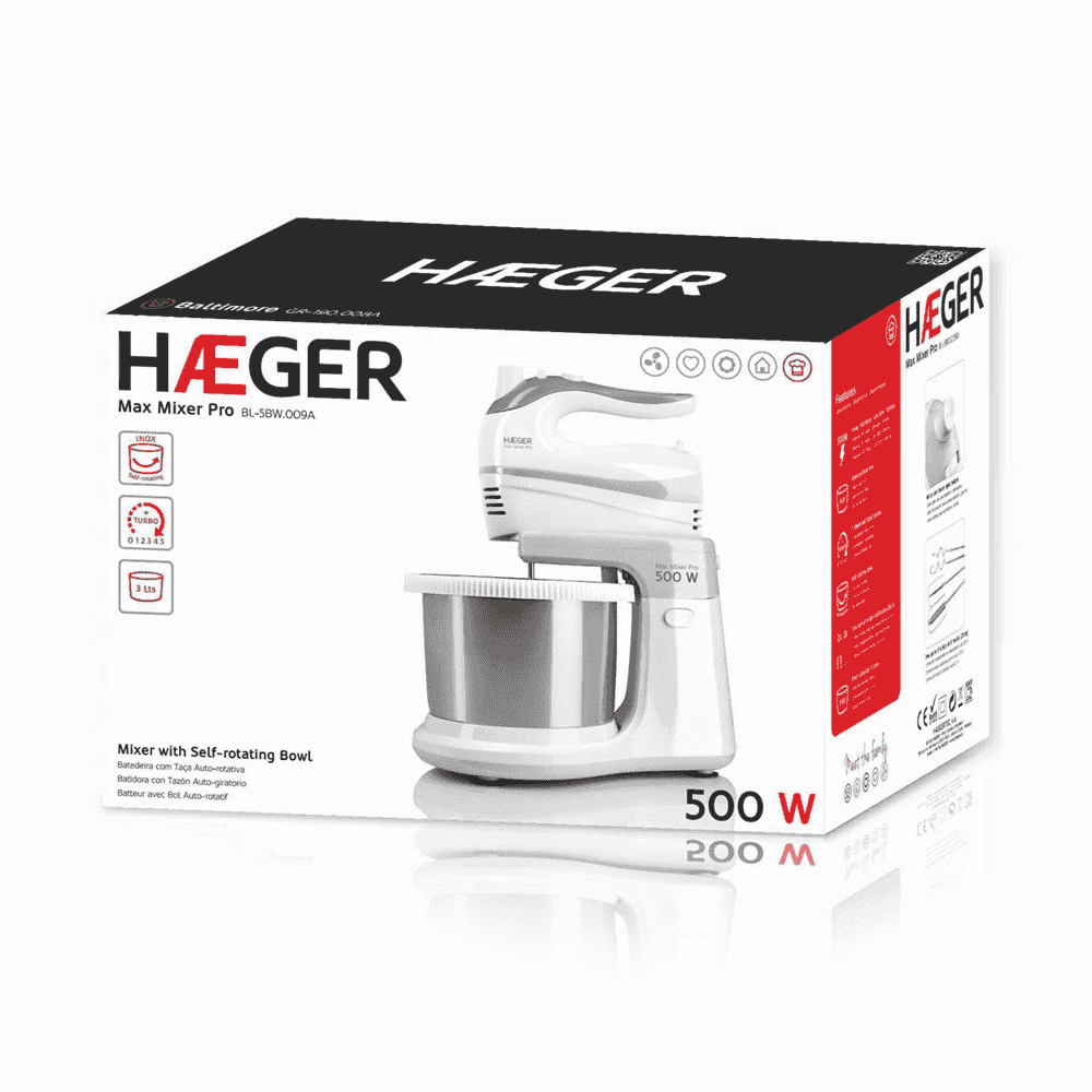 Una caja blanca y gris de Haeger Max Mixer Pro, con la batidora mostrada. Incluye 500W, 200M. Se muestran opciones Inox y Turbo.