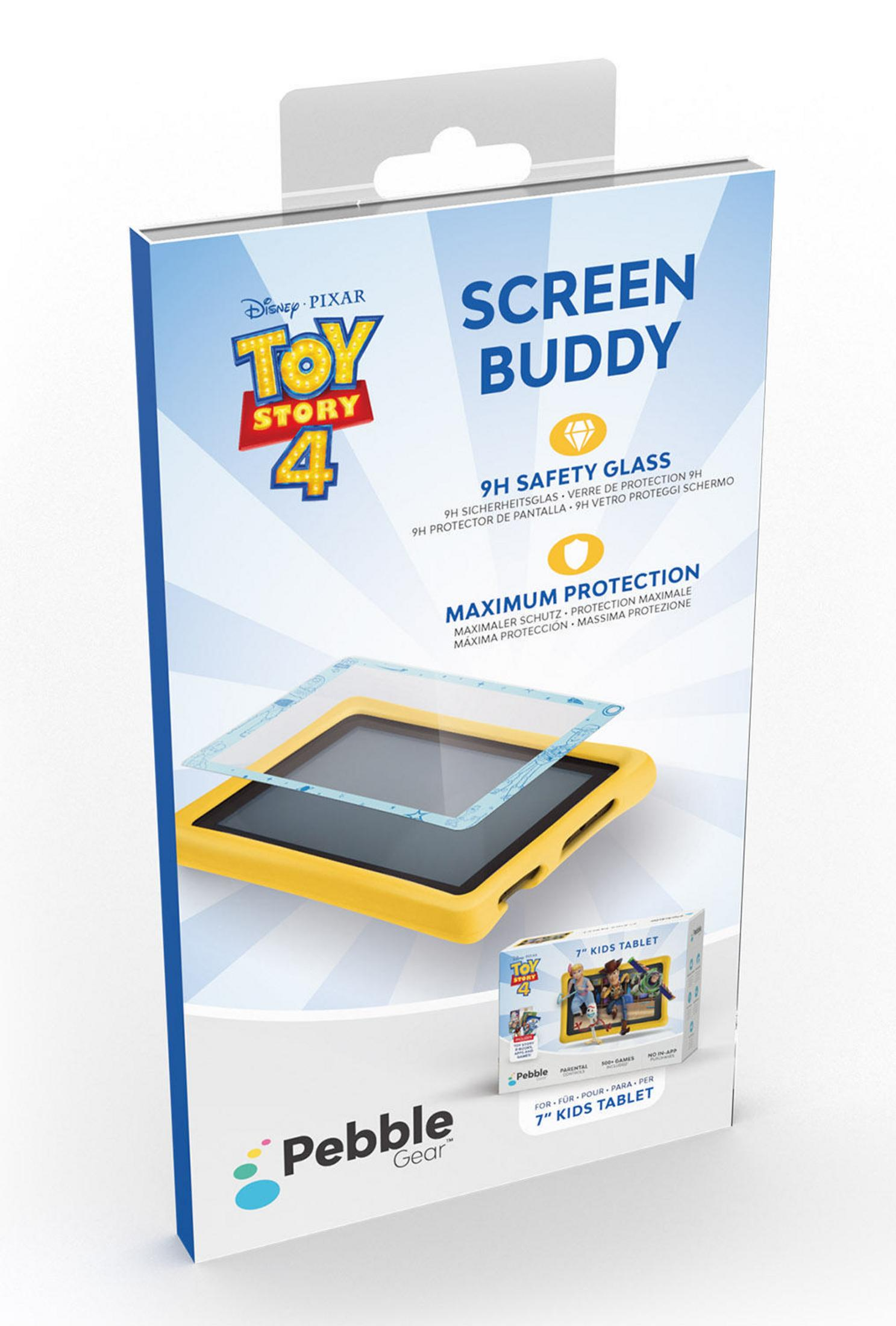 Schachtel mit einem 'Toy Story 4' Displayschutz für ein 7" Kinder-Tablet. Die Schachtel zeigt ein Tablet mit Displayschutz.