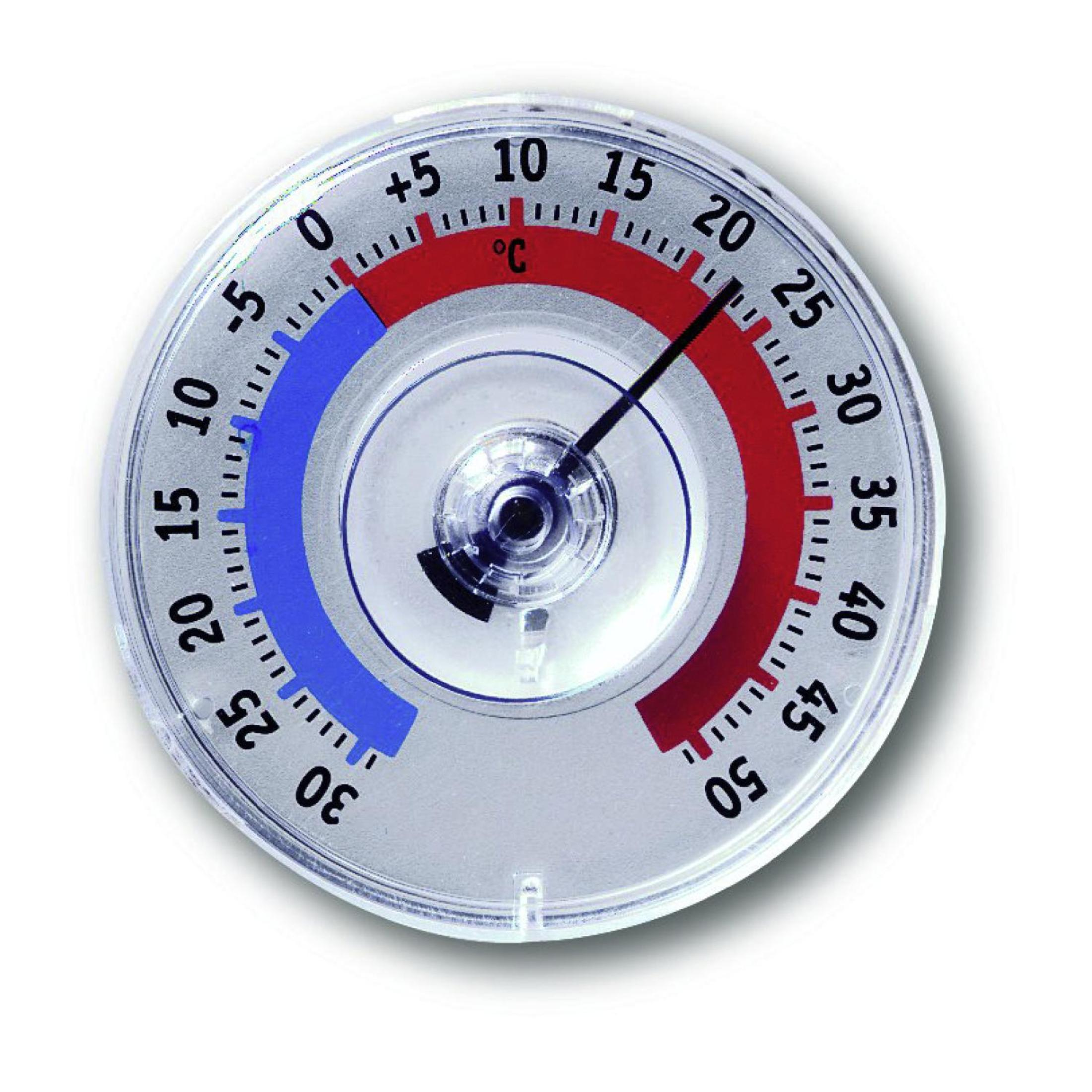 Rundes Thermometer zeigt die Temperatur an. Blau von -30 bis 0, rot von 10 bis 50 Grad Celsius. Nadel zeigt 20 Grad.