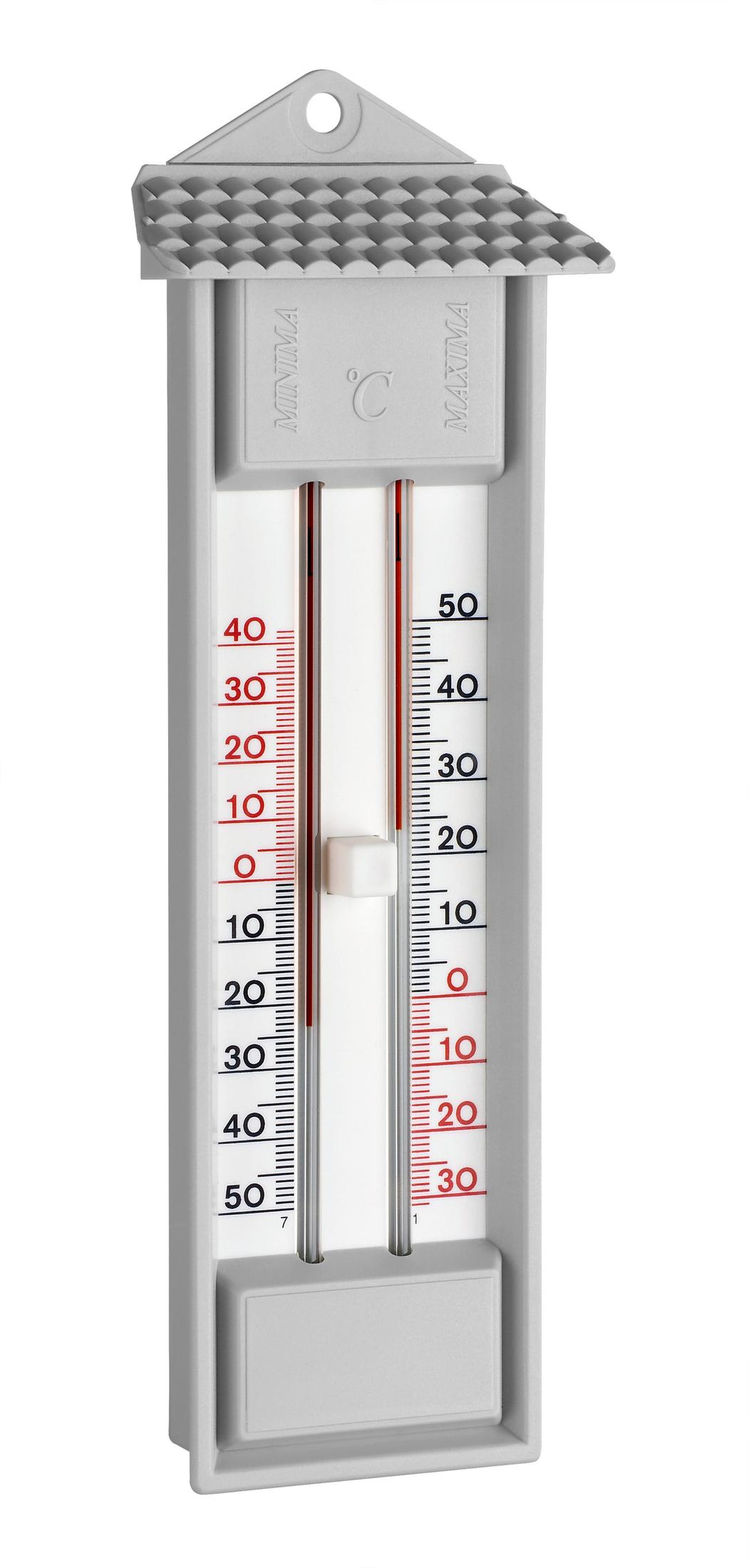 Ein graues Thermometer zeigt Temperaturwerte in Celsius an. Es hat ein dachförmiges Oberteil mit Skalen für Minimal- und Maximaltemperaturen.