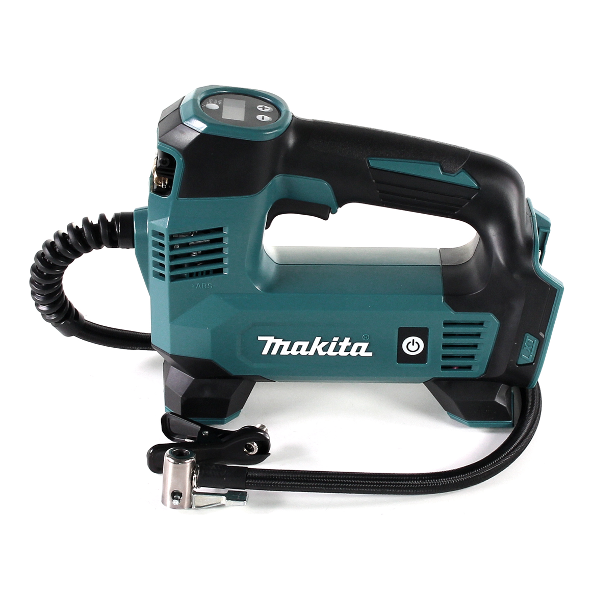 Ein teal- und schwarzfarbener Makita-Luftkompressor. Er hat eine digitale Anzeige, einen Griff und einen Schlauch mit Düse. Weißer Hintergrund.