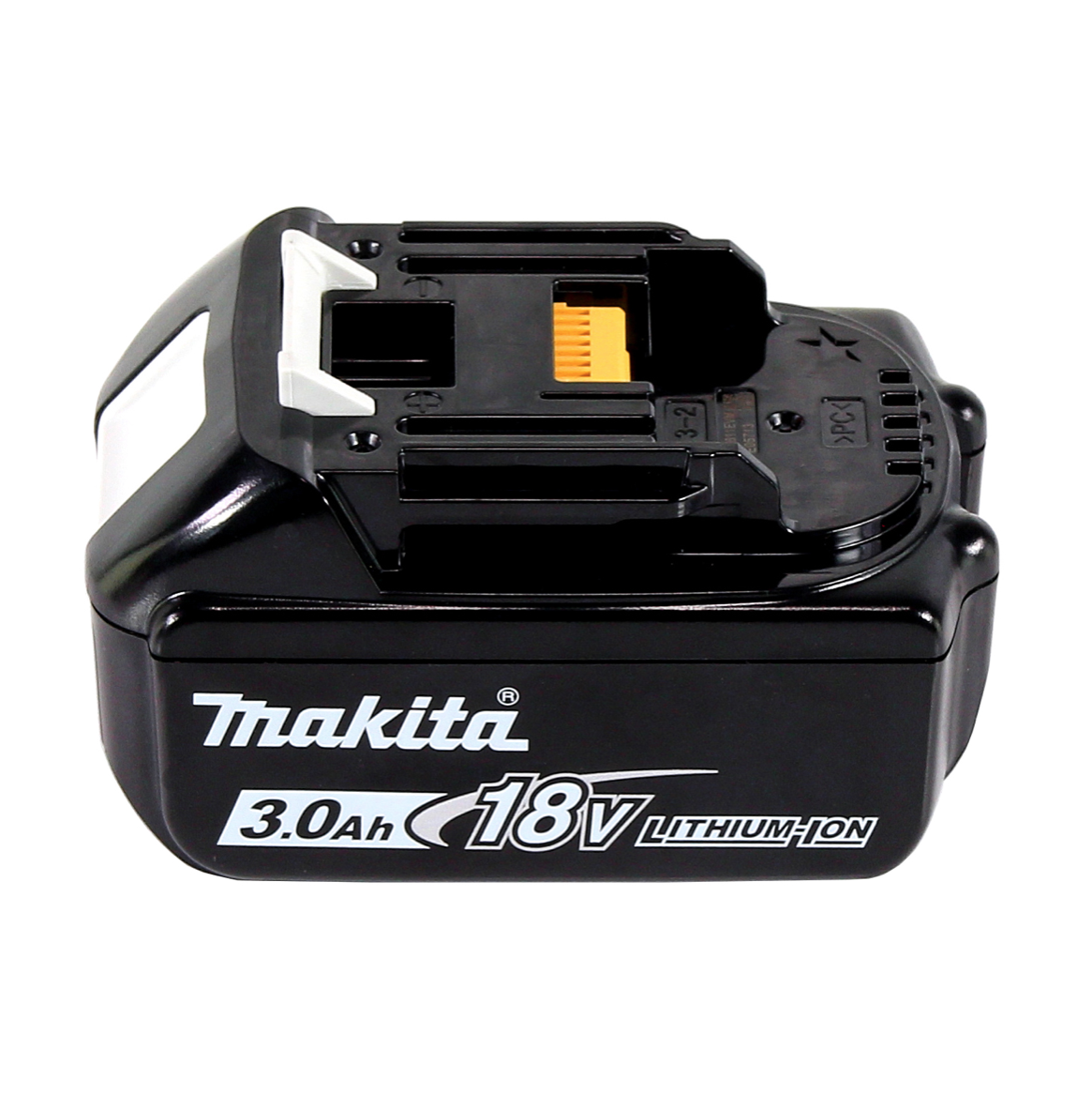 Ein schwarzer Makita 18V Lithium-Ionen-Akku. Er hat weiße Schrift und Akzente sowie einen orangefarbenen Anschluss. Der Akku befindet sich auf weißem Hintergrund.