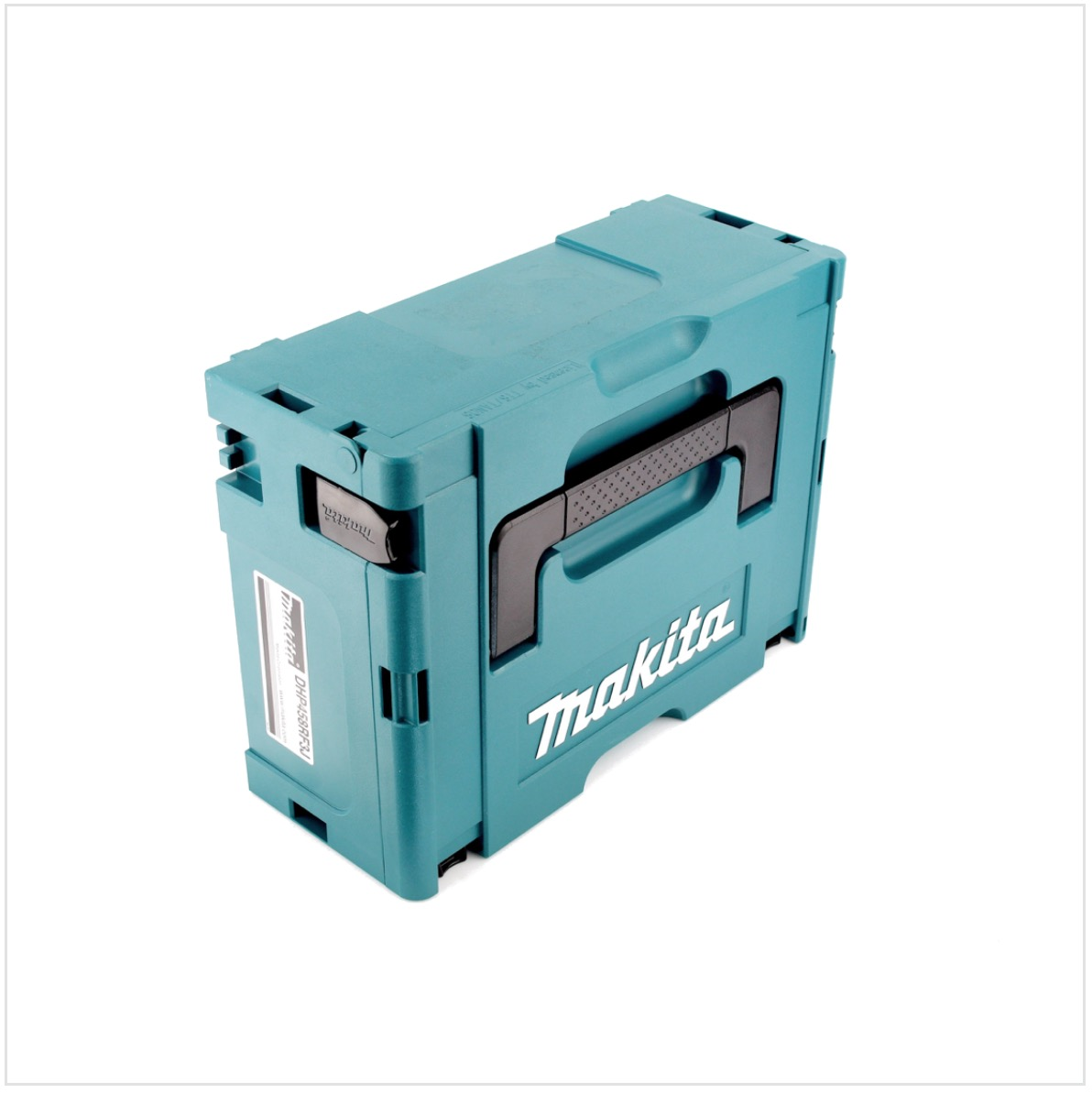 Eine tealfarbene Makita-Werkzeugkiste wird gezeigt. Sie hat einen schwarzen Griff und das Makita-Logo. Sie steht auf weißem Hintergrund.