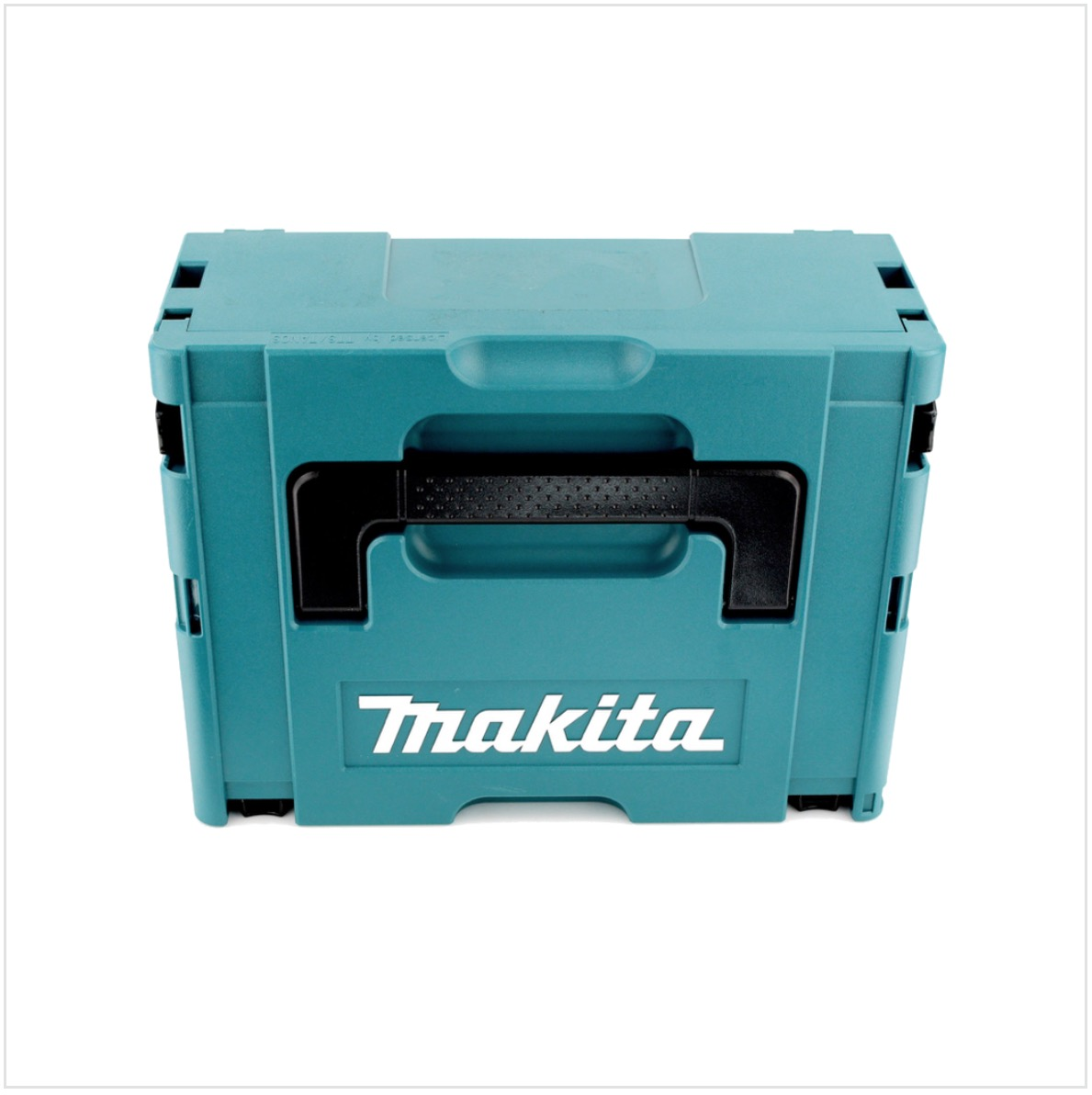 Eine teal-farbene Makita-Klapp-Aufbewahrungsbox. Sie hat einen schwarzen Griff und das weiße Makita-Logo auf der Vorderseite. Vor weißem Hintergrund.