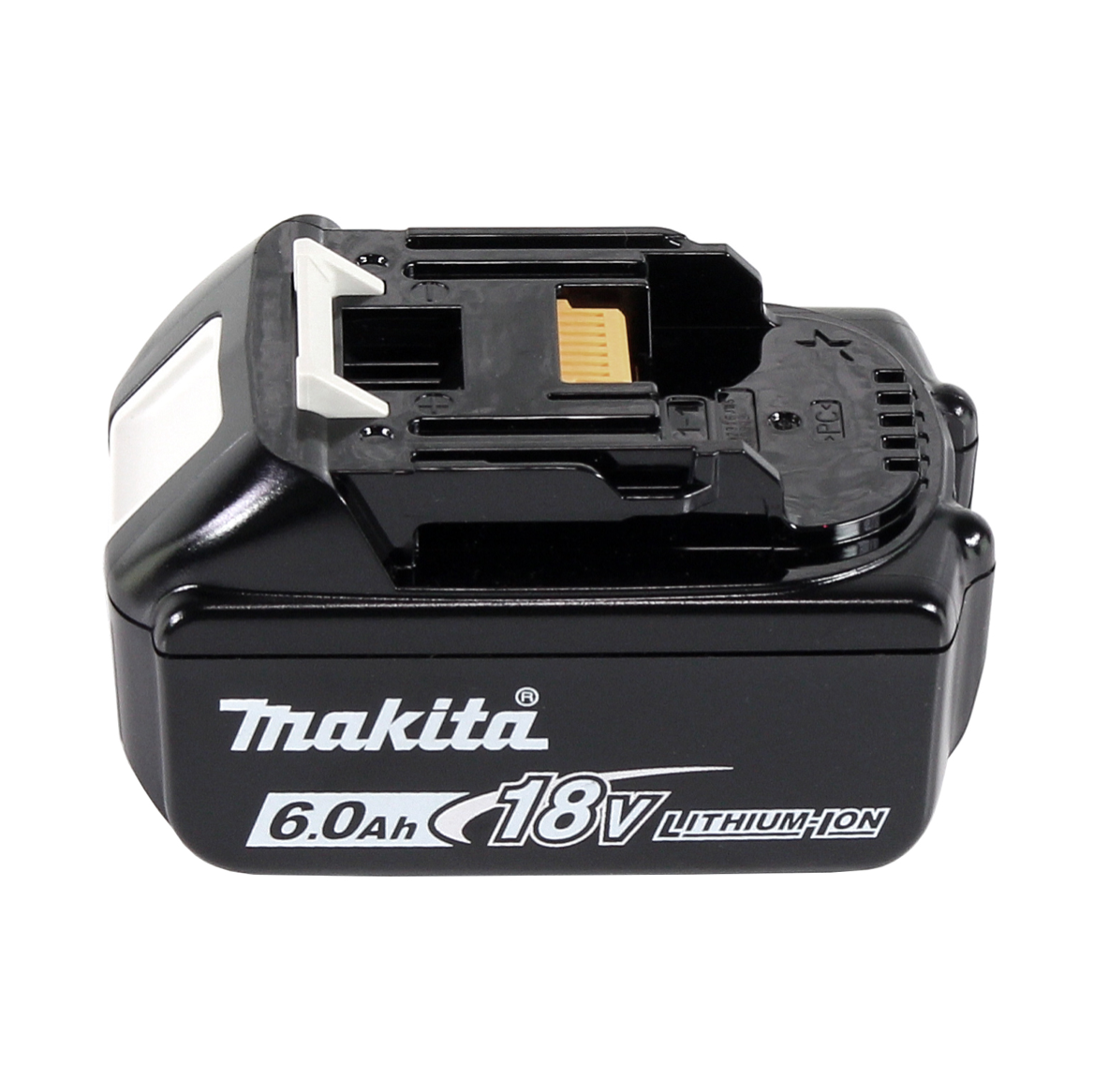 Ein schwarzer Makita 18V 6.0Ah Lithium-Ionen-Akku. Er hat weiße und gelbe Akzente. Das Makita-Logo ist sichtbar. Der Hintergrund ist weiß.