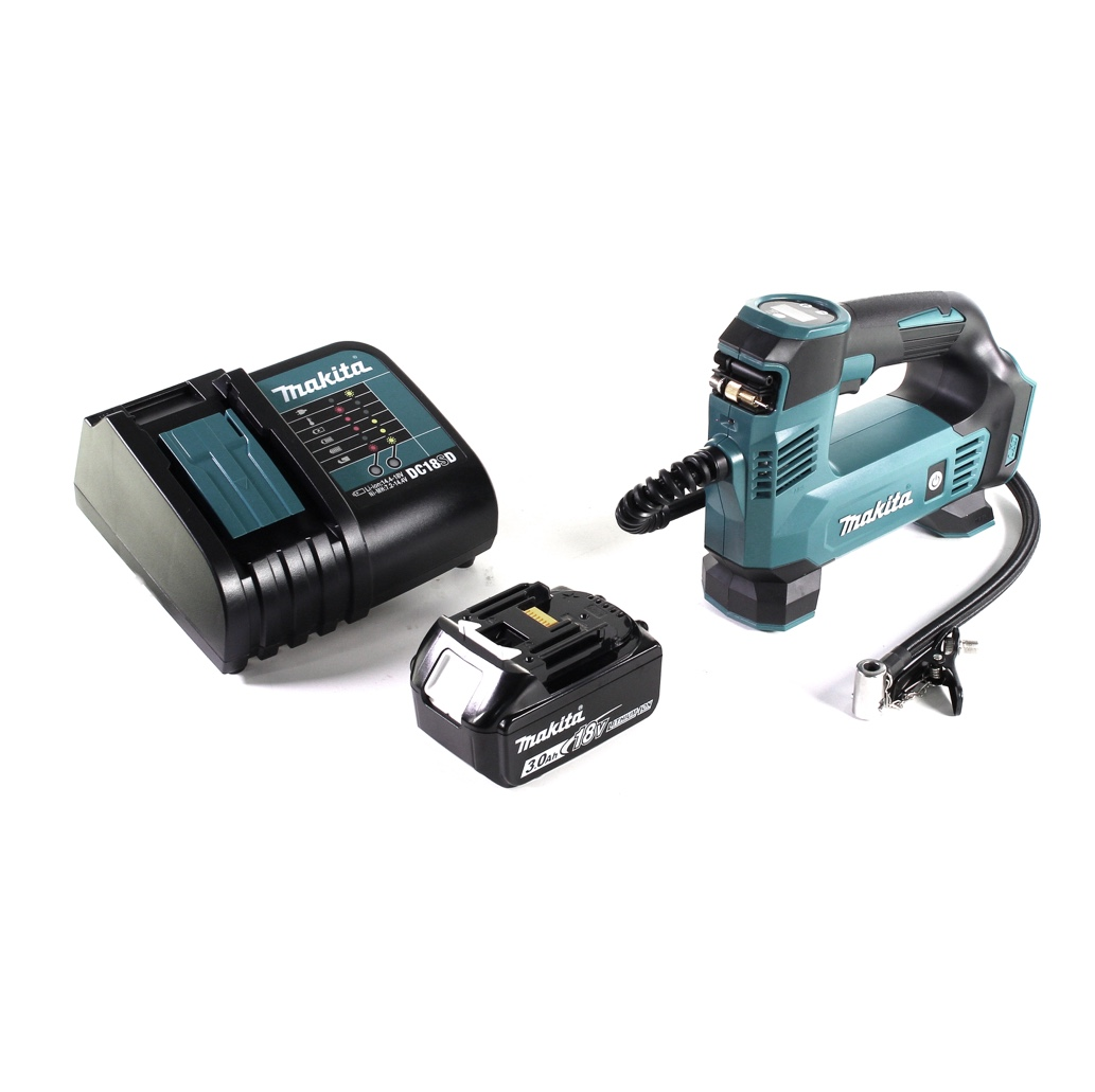 Ein kabelloser Makita-Inflator, Akku und Ladegerät. Der Inflator ist teal und schwarz. Akku und Ladegerät sind schwarz.