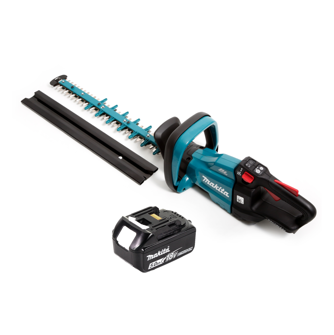 Makita Heckenschere mit Klingen, Akku und schwarzem Schutz auf weißem Hintergrund. Türkis und Schwarz dominieren.
