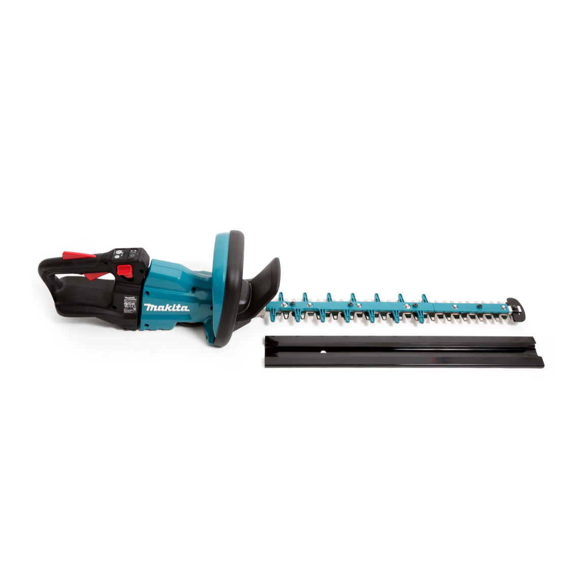 Eine teal- und schwarzfarbene Makita-Heckenschere liegt auf einer weißen Oberfläche. Der Klingenschutz und eine schwarze Klinge liegen daneben.