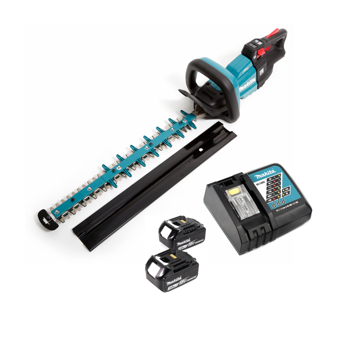 Makita Heckenschneider-Set. Es umfasst den Trimmer, das Ladegerät, zwei Akkus und einen Klingenschutz, alles auf weißem Grund.