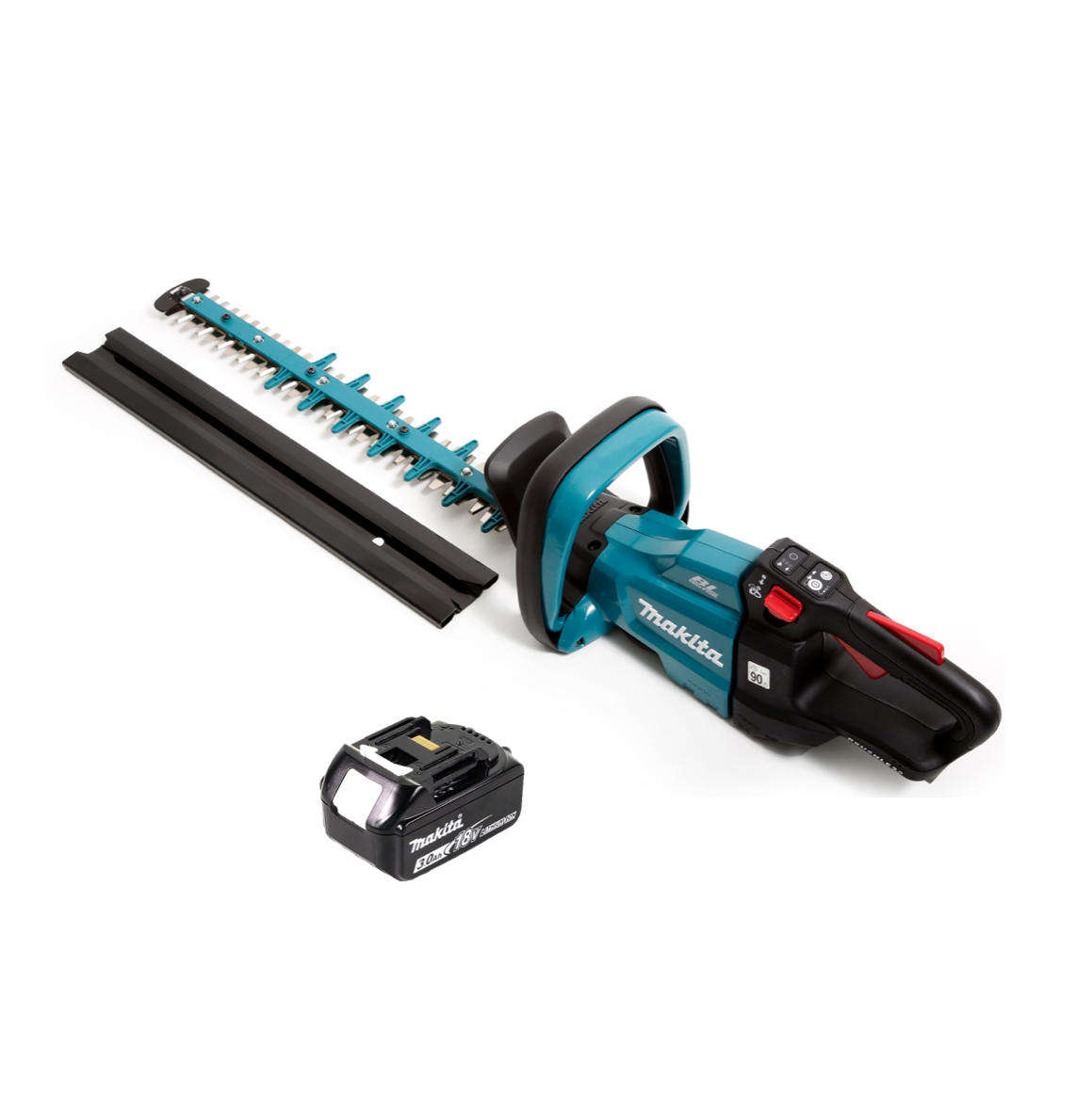 Eine Makita-Heckenschere mit Akku und Klingenschutz auf weißer Oberfläche. Der Trimmer ist blaugrün und schwarz.
