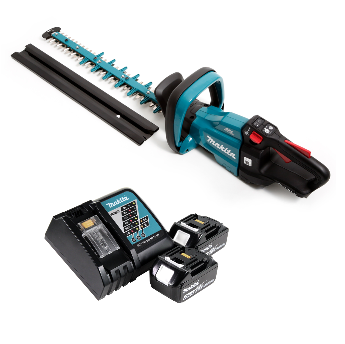 Makita-Heckenschere, Ladegerät und Batterien auf Weiß. Der Trimmer ist teal und schwarz. Batterien und Ladegerät sind schwarz.
