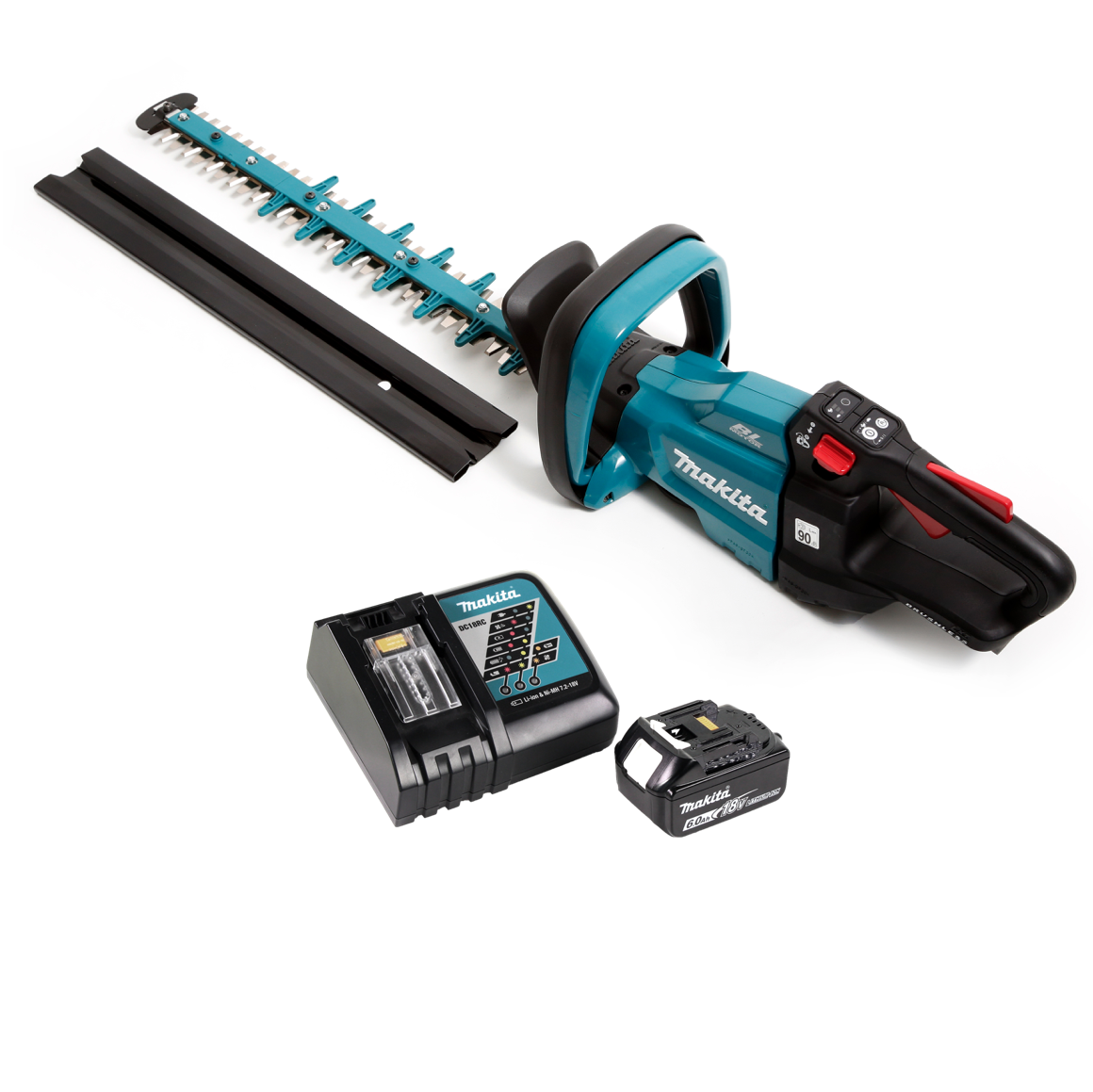 Makita Heckenschere-Set: Trimmer, Akku, Ladegerät und Klinge. Türkis und Schwarz, auf weißem Hintergrund angeordnet.
