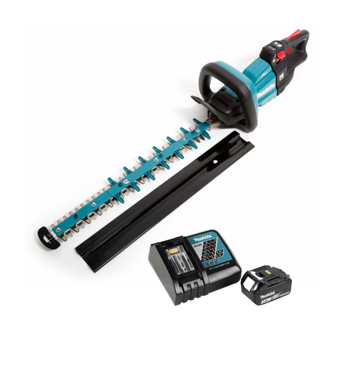 Makita Heckenschneider-Set. Enthält Trimmer, Klingenschutz, Ladegerät und Akku. Alle Artikel auf weißem Hintergrund.