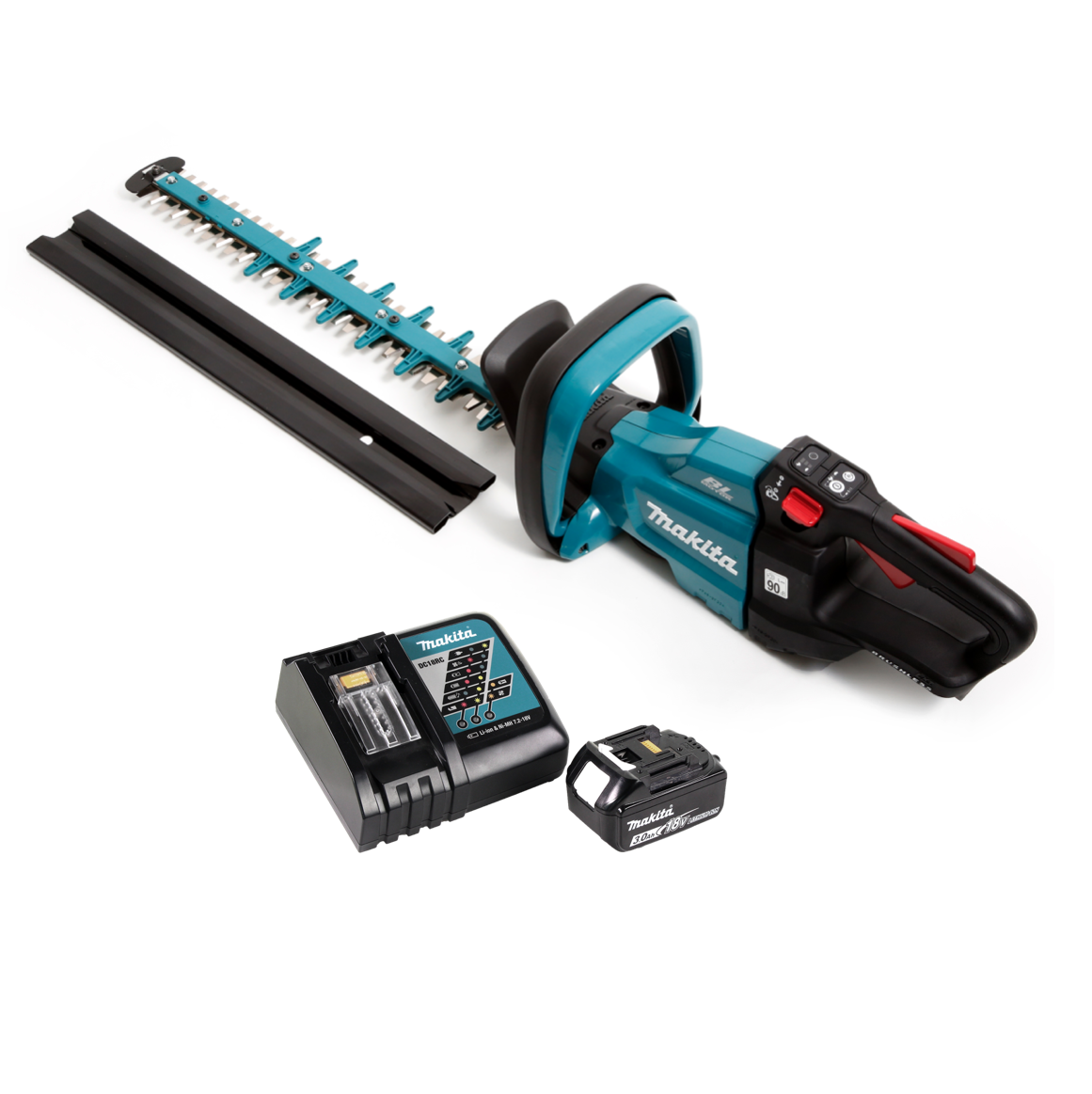 Makita Heckenschere-Set auf Weiß. Enthält Trimmer, Ladegerät, Akku und Klingenschutz. Türkis und Schwarz.