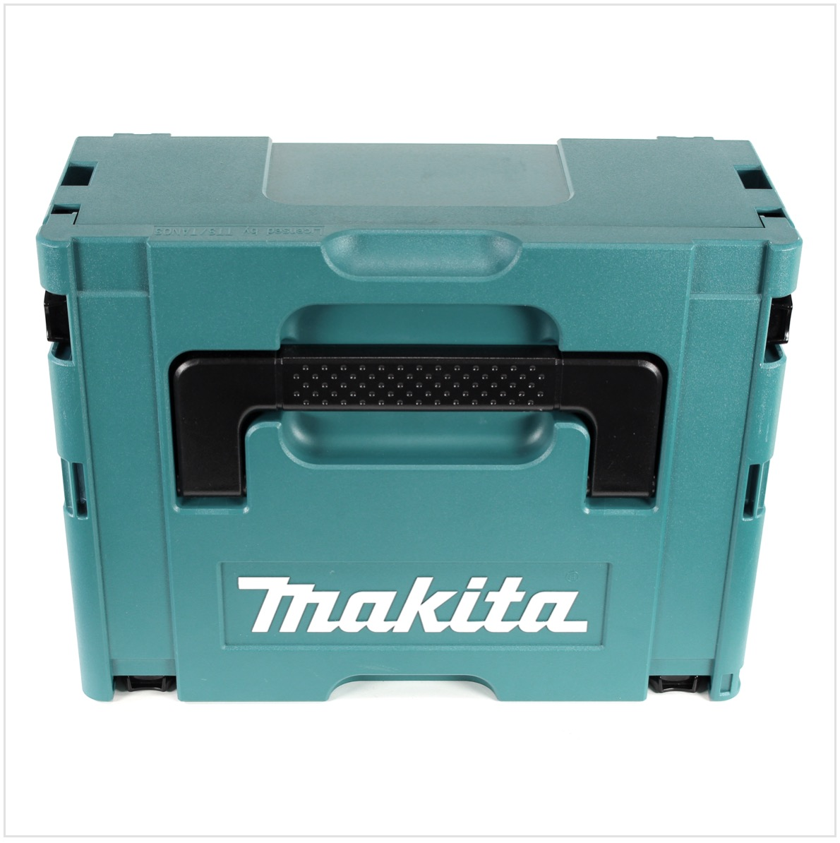Eine teal Makita-Werkzeugkiste. Sie hat einen schwarzen Griff, das Makita-Logo und befindet sich auf weißem Hintergrund.