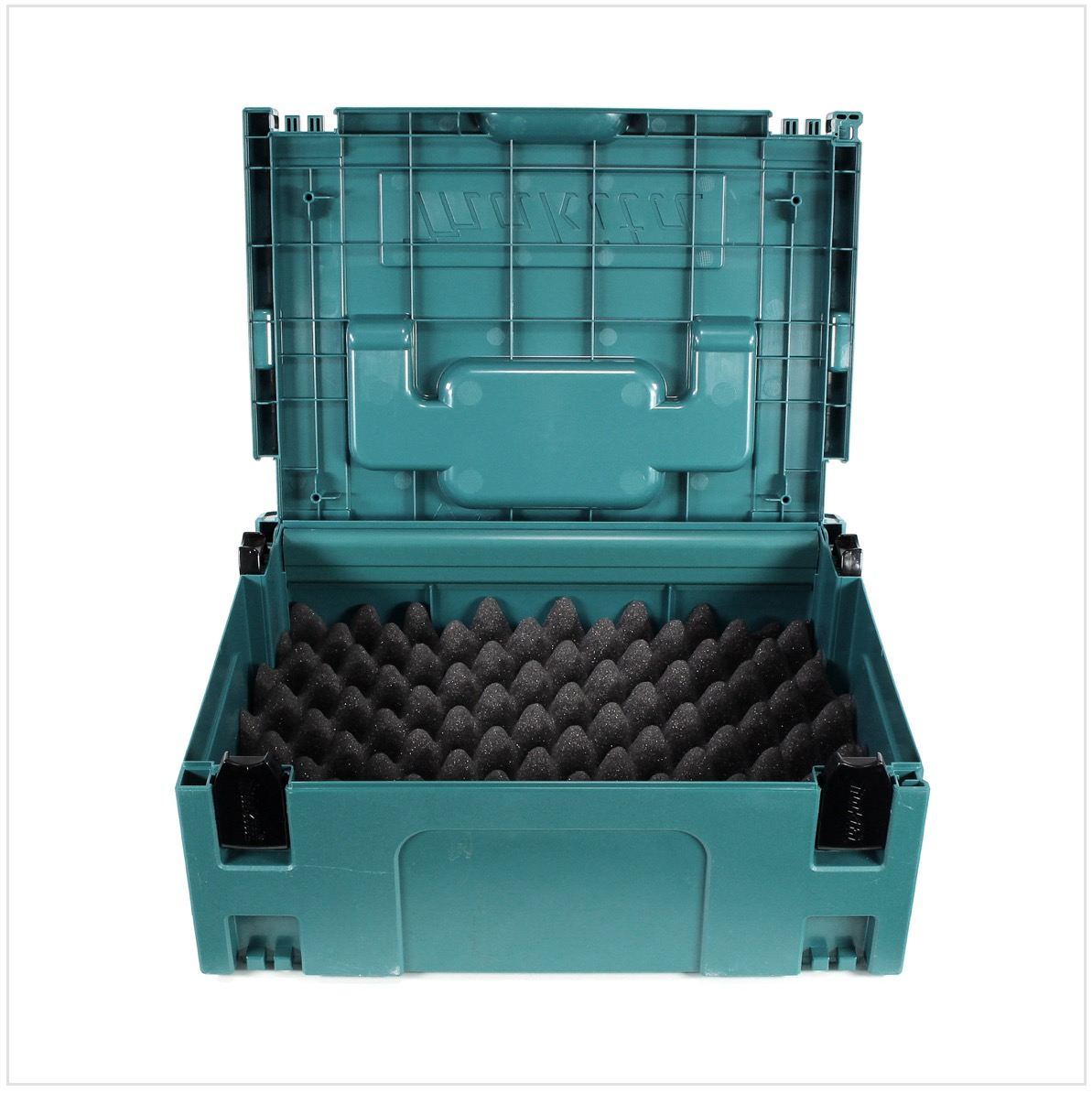 Offener teal-farbener Kunststoffkoffer mit schwarzem Schaumstoff im Inneren. Der Deckel ist geöffnet und gibt die Schaumstoffpolsterung frei. Der Koffer steht auf weißem Hintergrund.