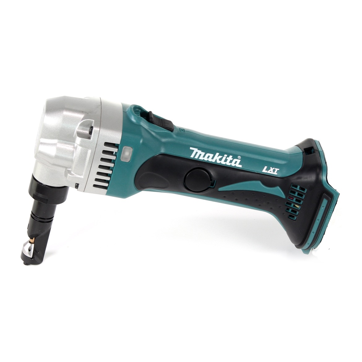 Eine türkis-schwarze Makita LXT-Elektroschere auf weißem Hintergrund. Das Werkzeug ist nach links geneigt.