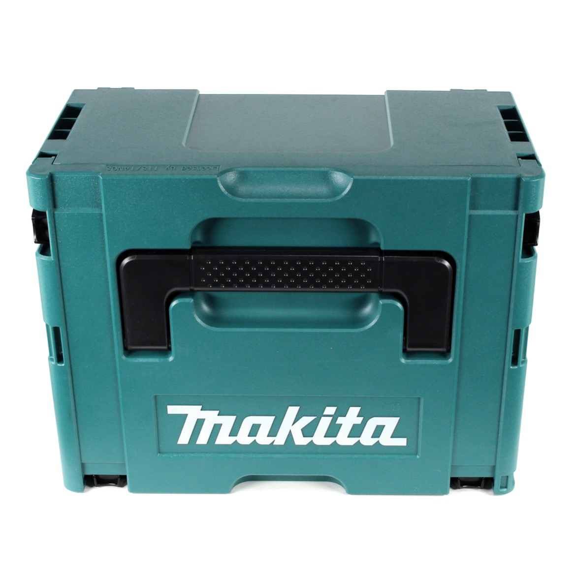 Eine teal Makita-Werkzeugkiste mit schwarzem Griff und Makita-Logo. Die Box ist geschlossen und auf einer weißen Oberfläche platziert.
