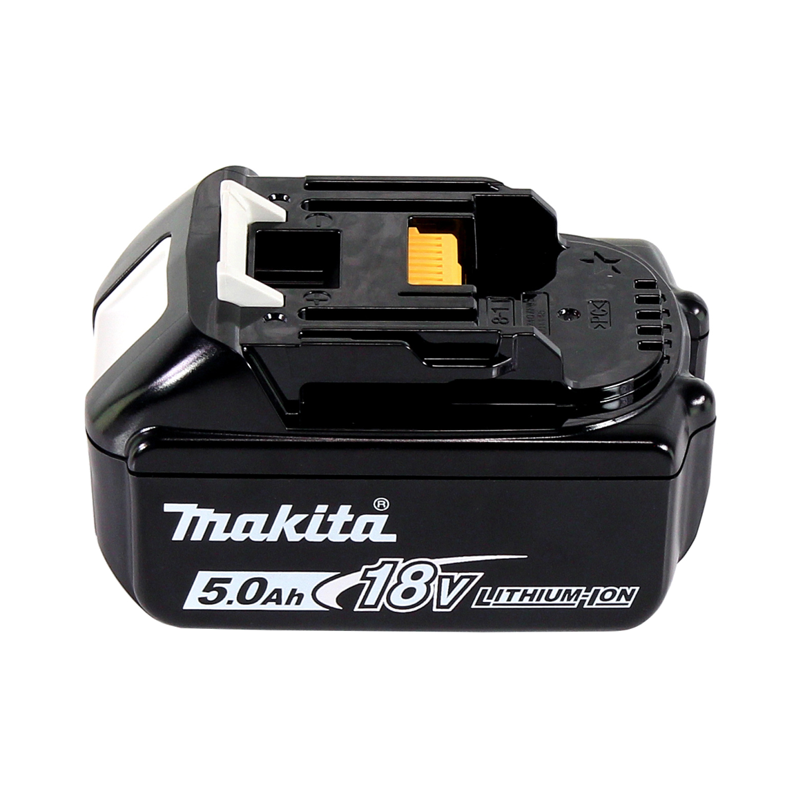 Ein schwarzer Makita 18V Lithium-Ionen-Akku. Er hat weißen Text und einen weißen und gelben Kunststoffanschluss.