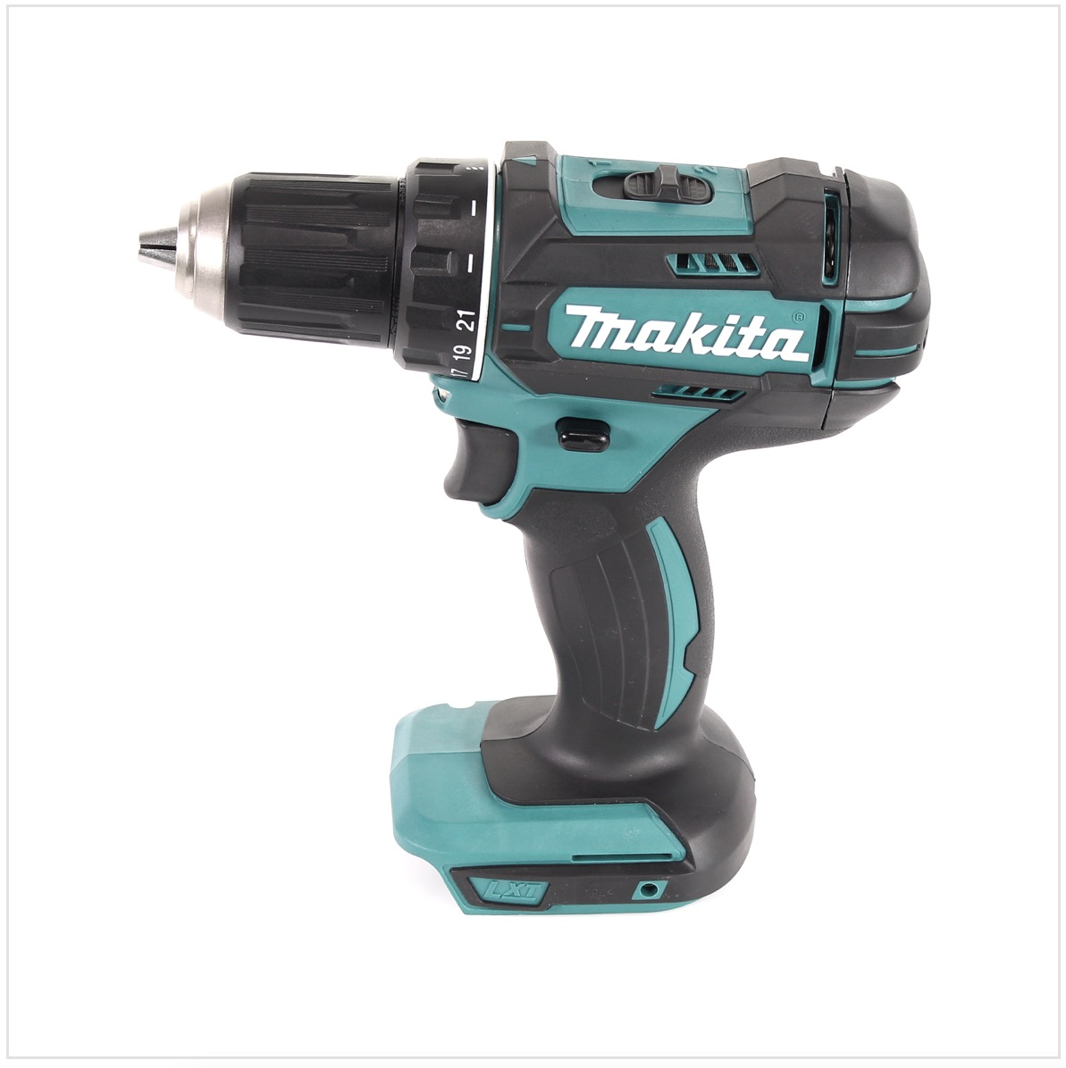 Ein kabelloser Makita-Bohrer mit einem schwarz-türkisfarbenen Farbschema, vor weißem Hintergrund.